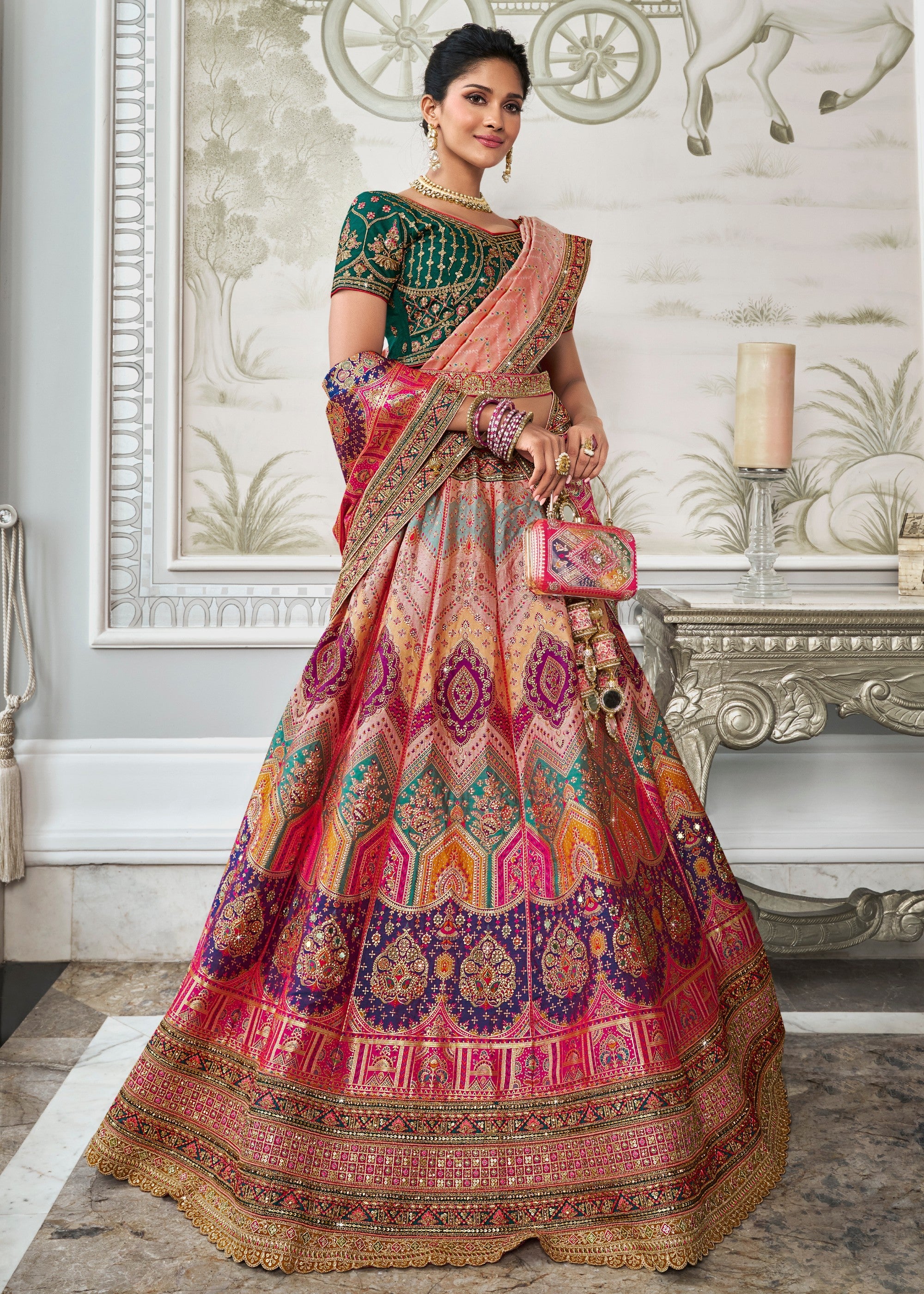 Green & Pink Banarasi Silk Lehenga with Zarkan Codding work | Ready To Wear - qivii