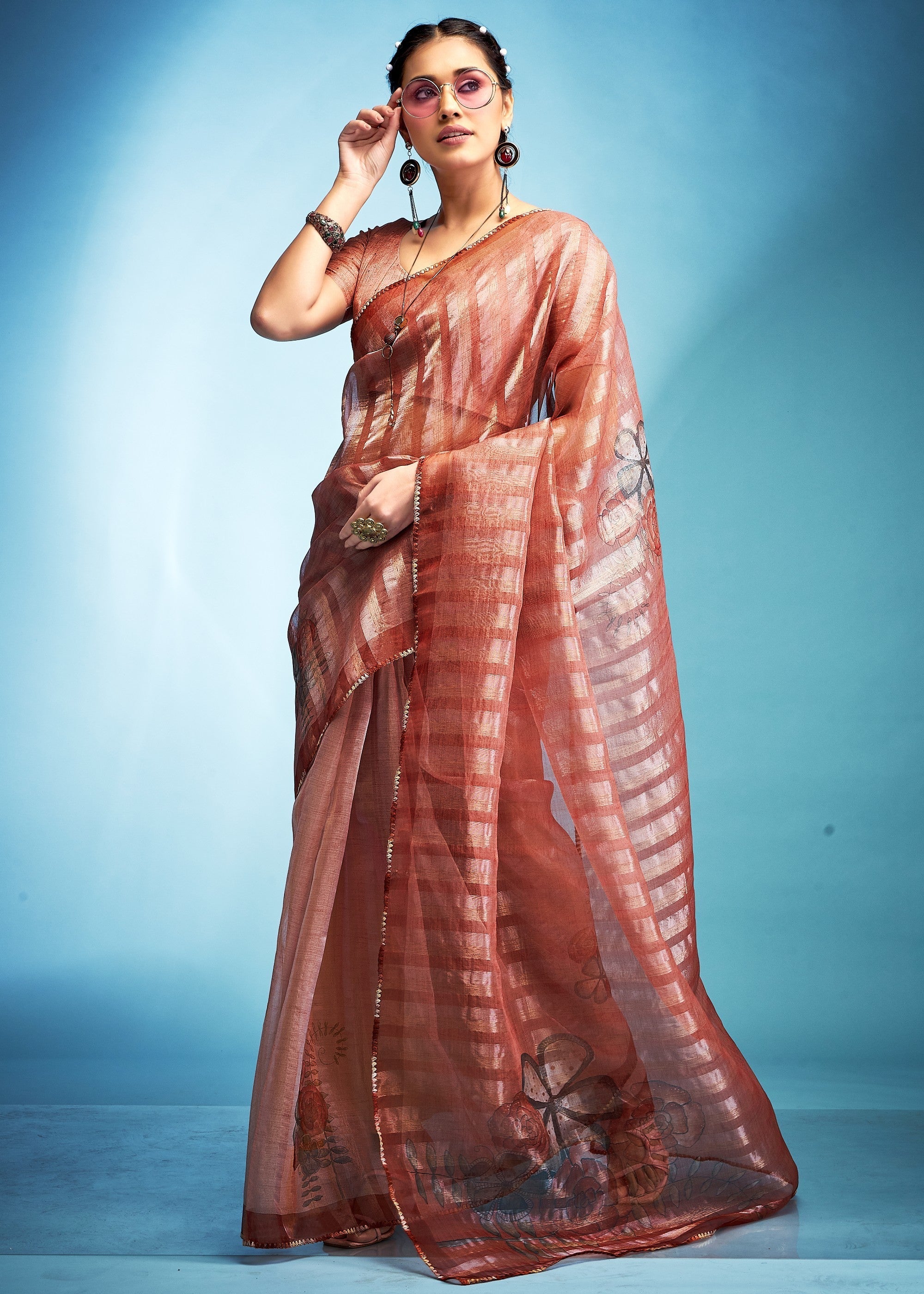 Salmon Orange Tissue Silk Saree With Floral Print - qivii