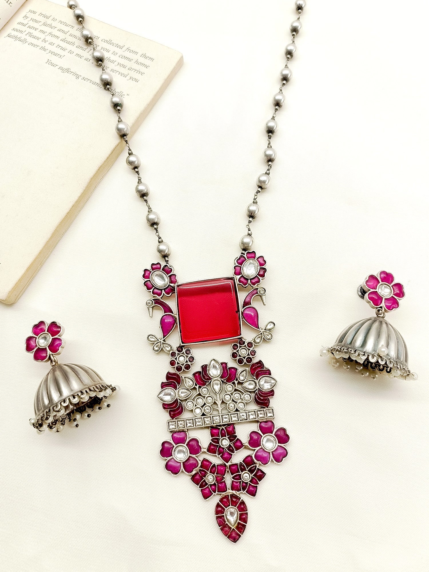 Katrina Rose Pink German Silver Oxidized Pendant Set - qivii