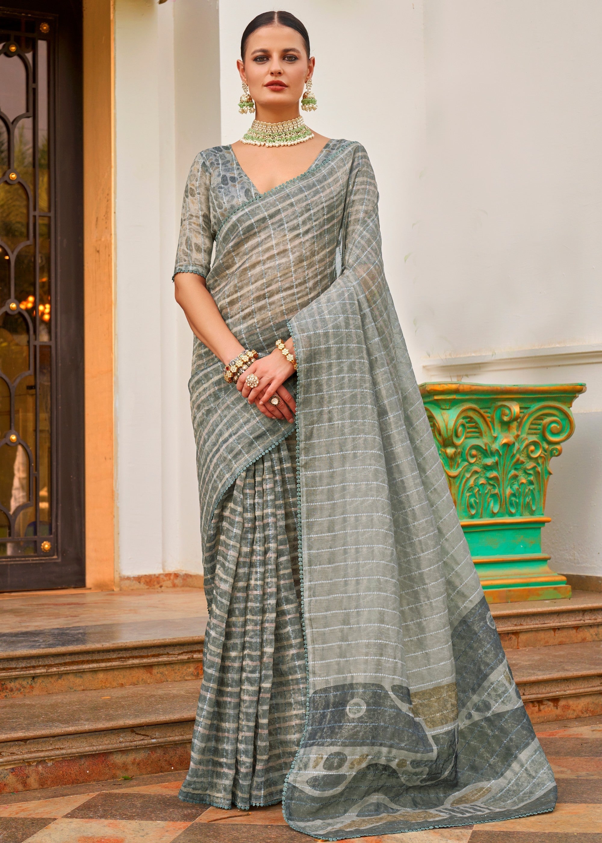 Dusty Blue Pure Tissue Silk Saree - qivii