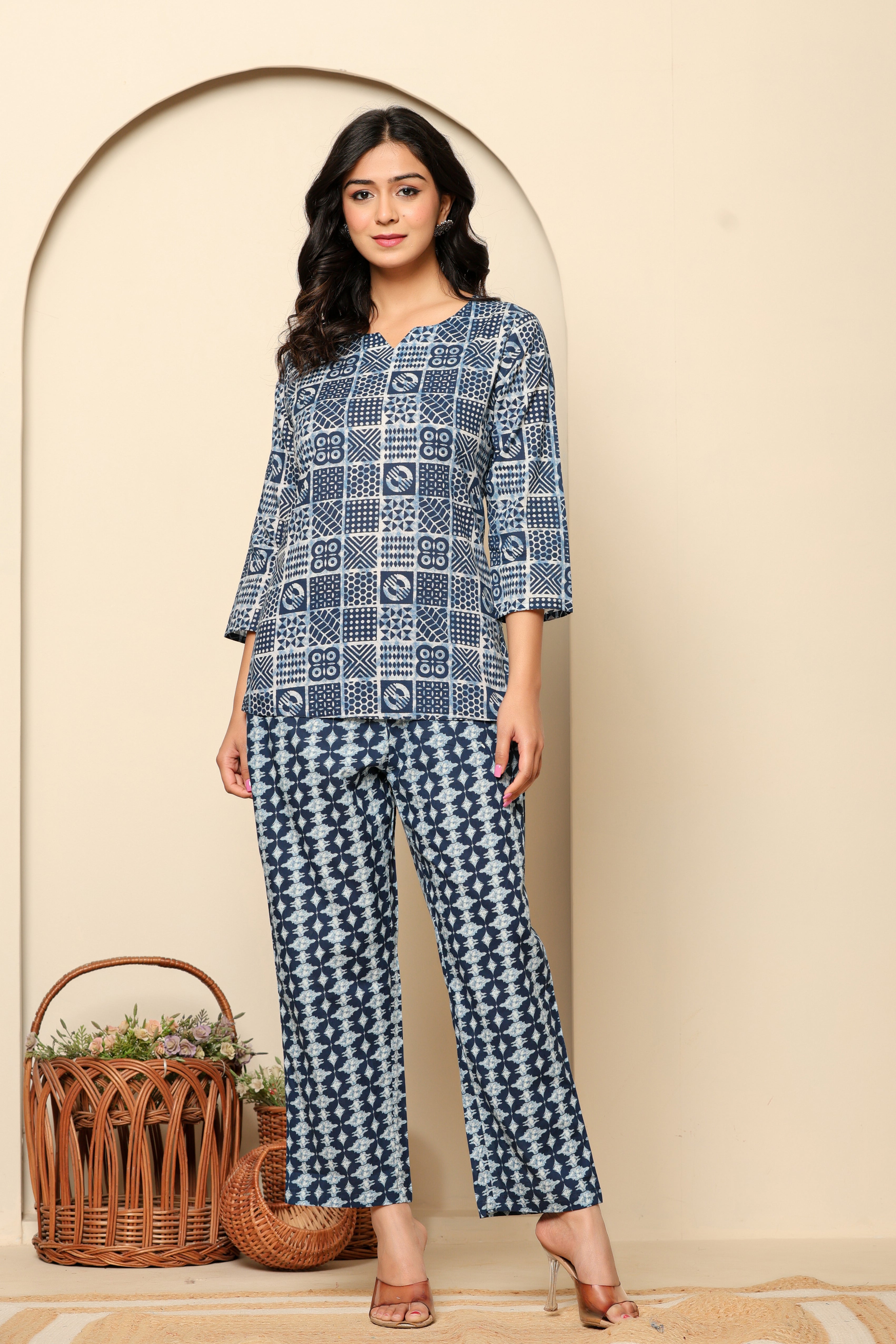 Blue Printed Cotton Coord Set - qivii