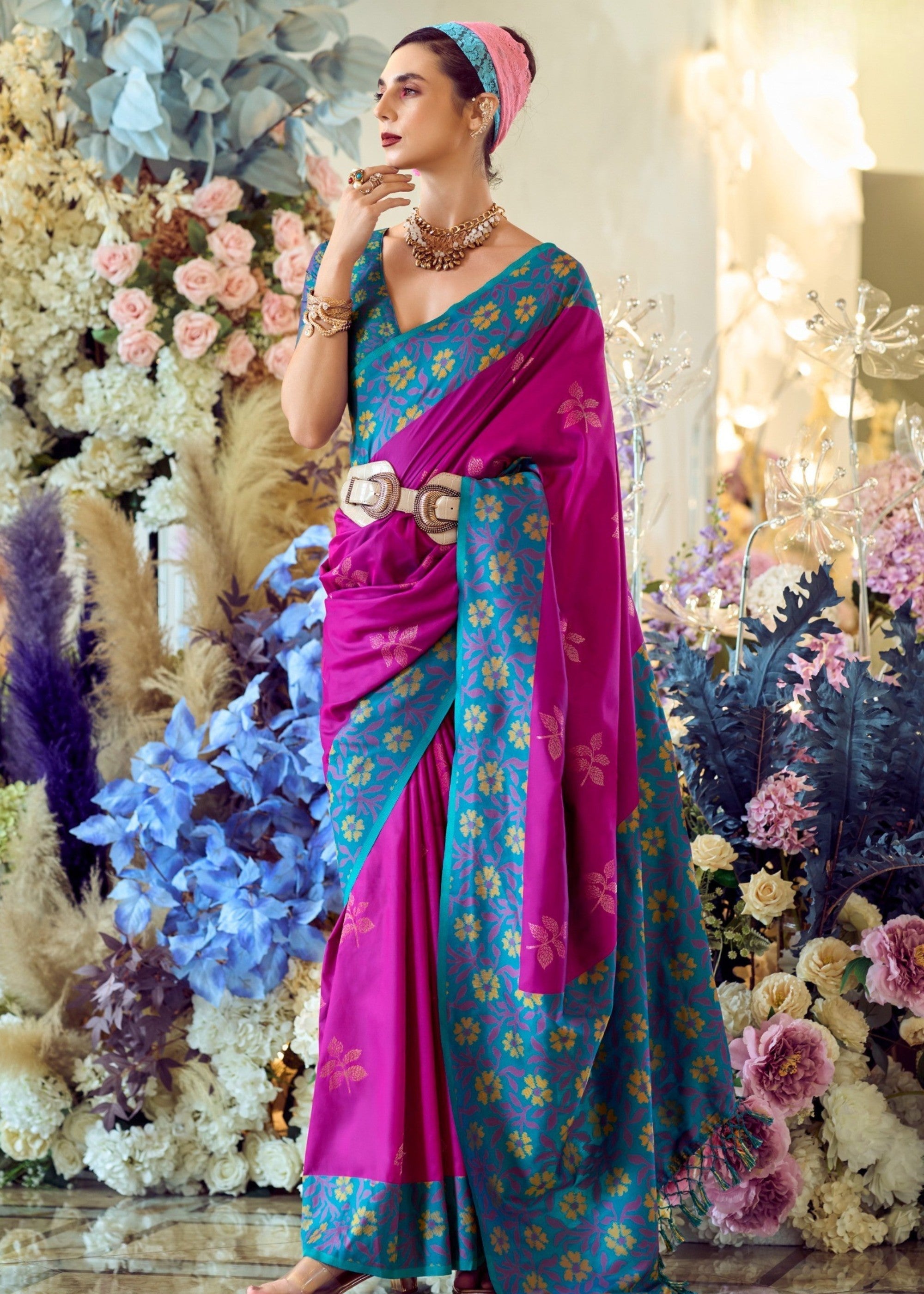 Magenta Pink Soft Silk Saree With Ikkat Border - qivii