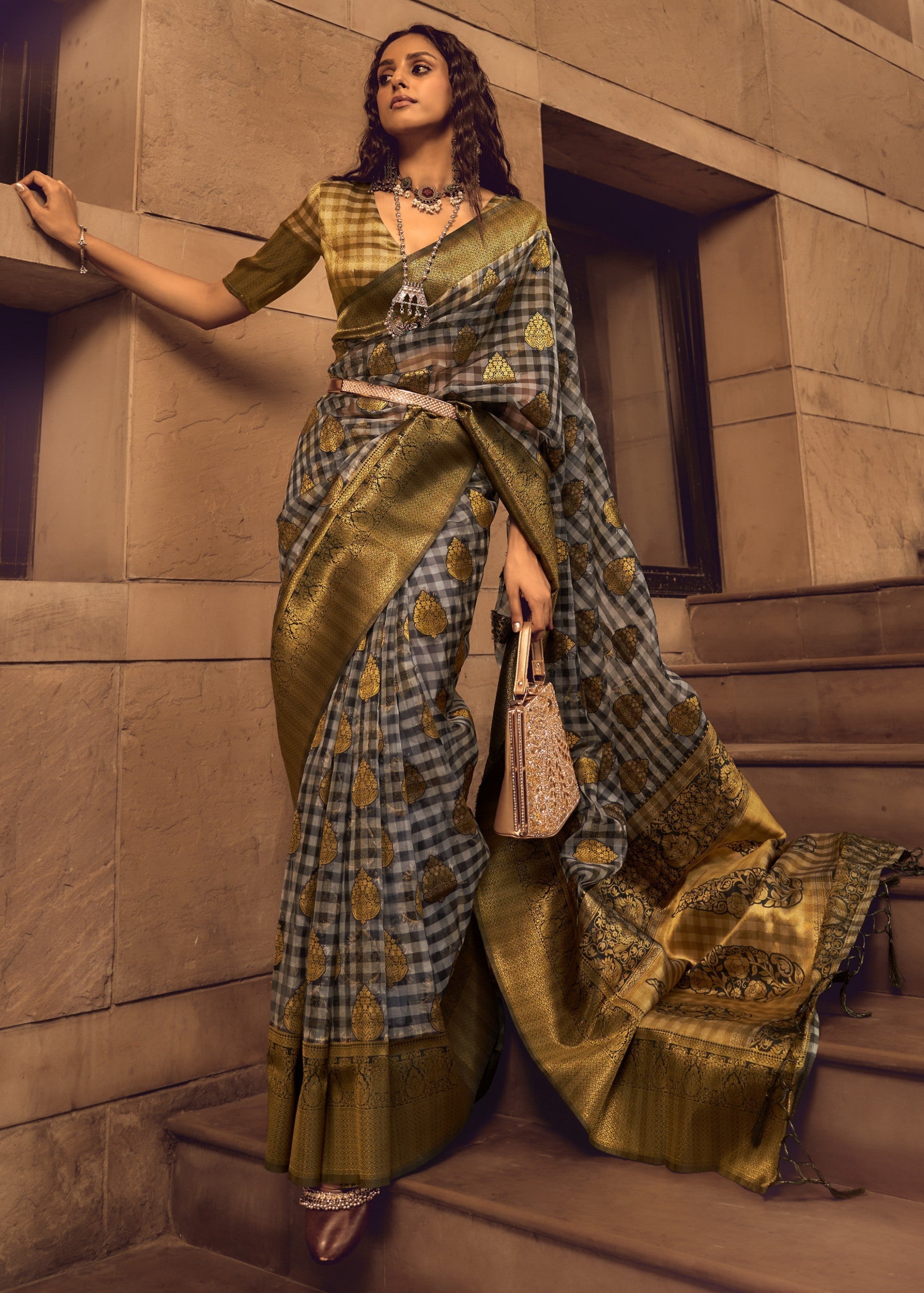 Olive Check Handloom Weaving Silk Saree - qivii