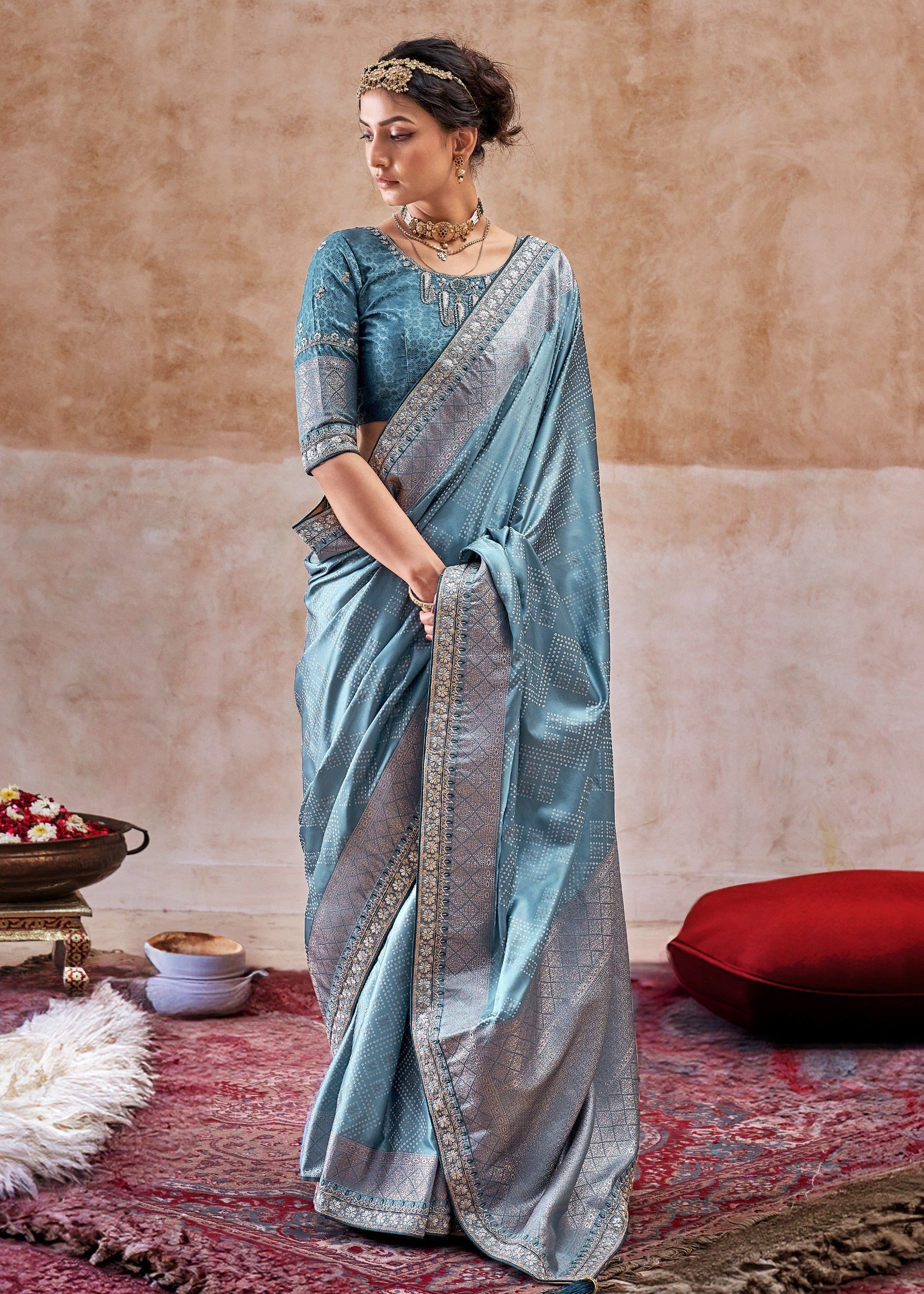 French Blue Satin Silk Saree With Heavy Embroidery Lace & Blouse - qivii