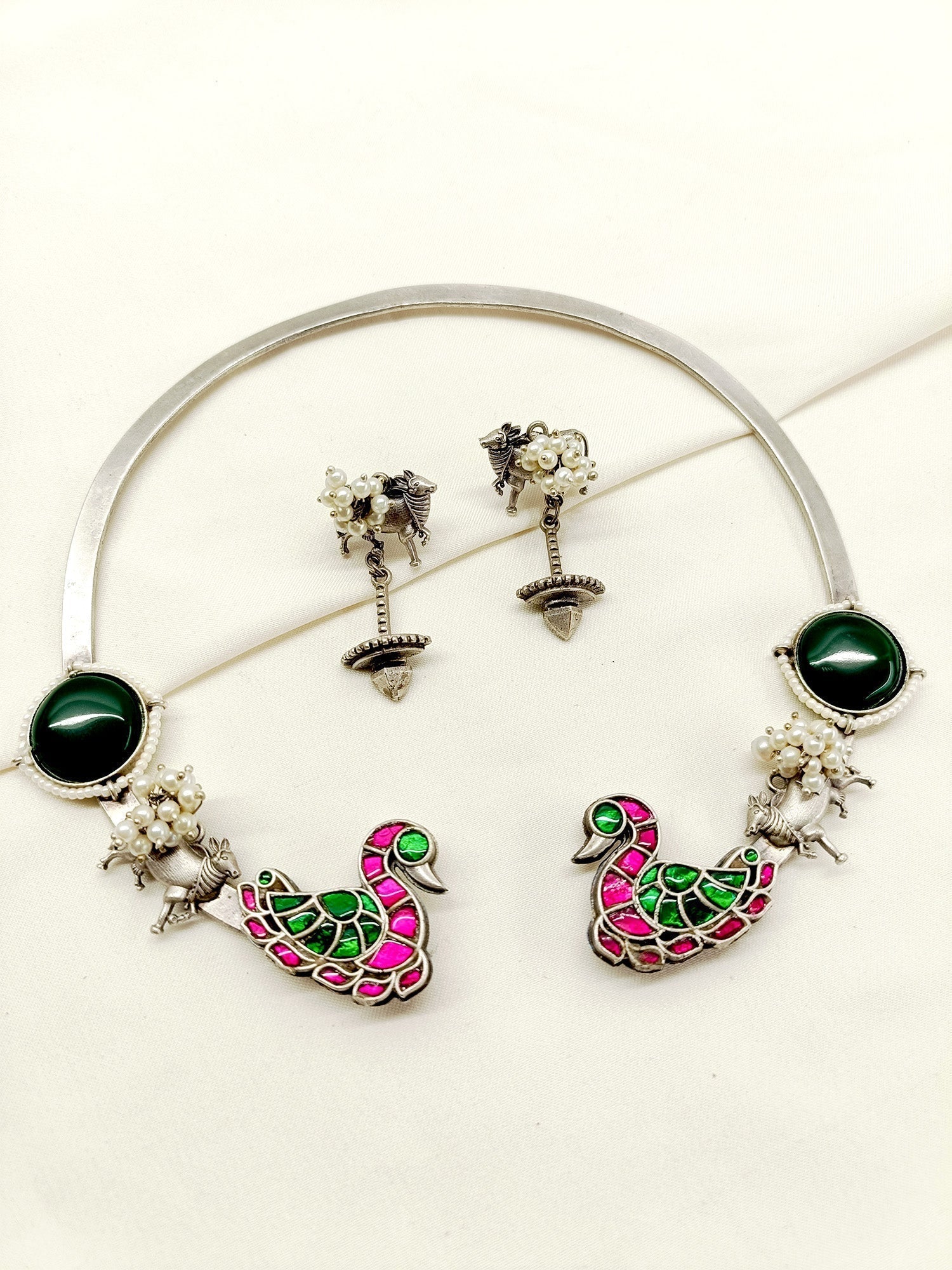 Omi M & G Peacock Oxidized Hasli Style Necklace Set - qivii