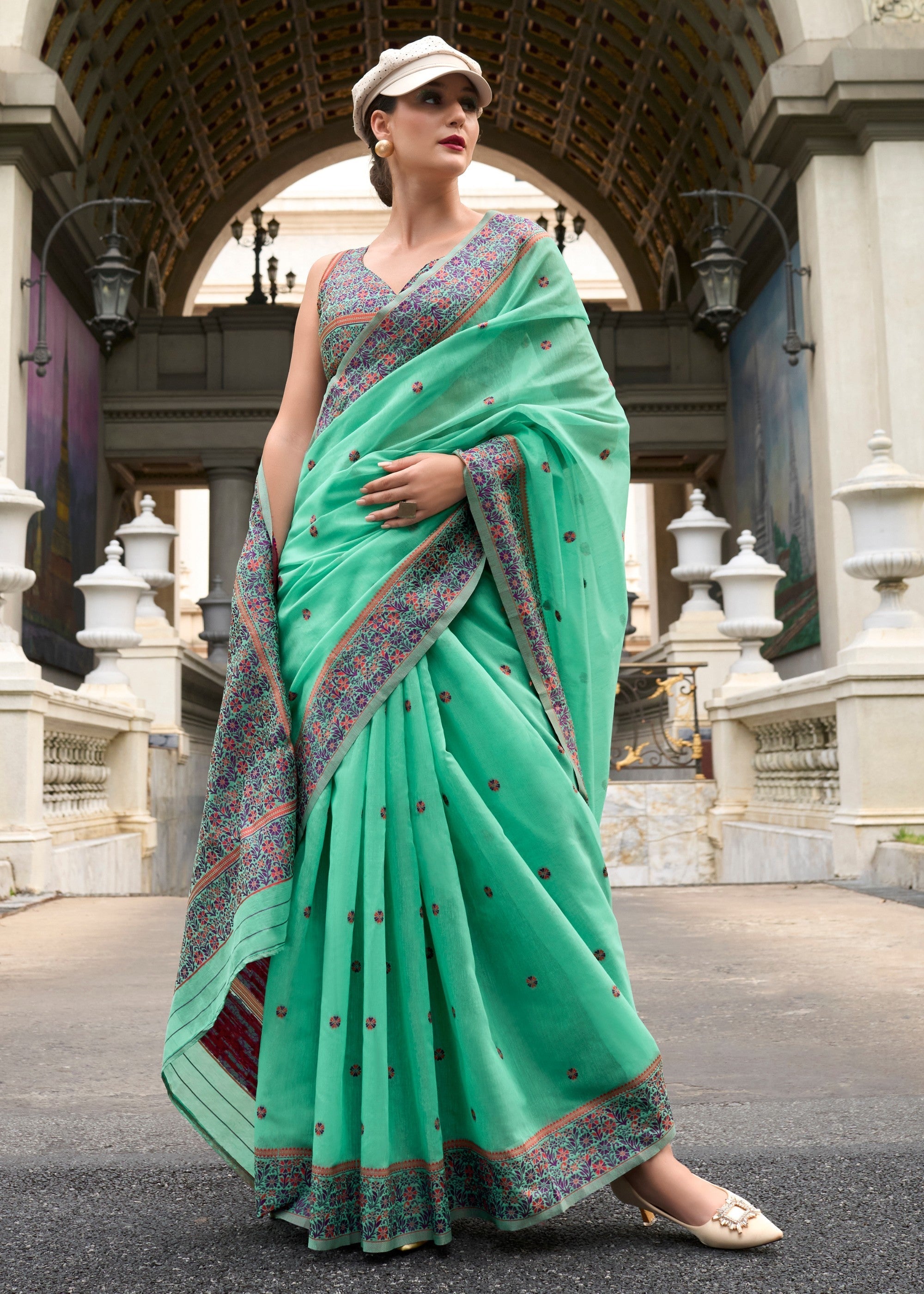 Mint Green Soft Linen Cotton Silk Saree - qivii