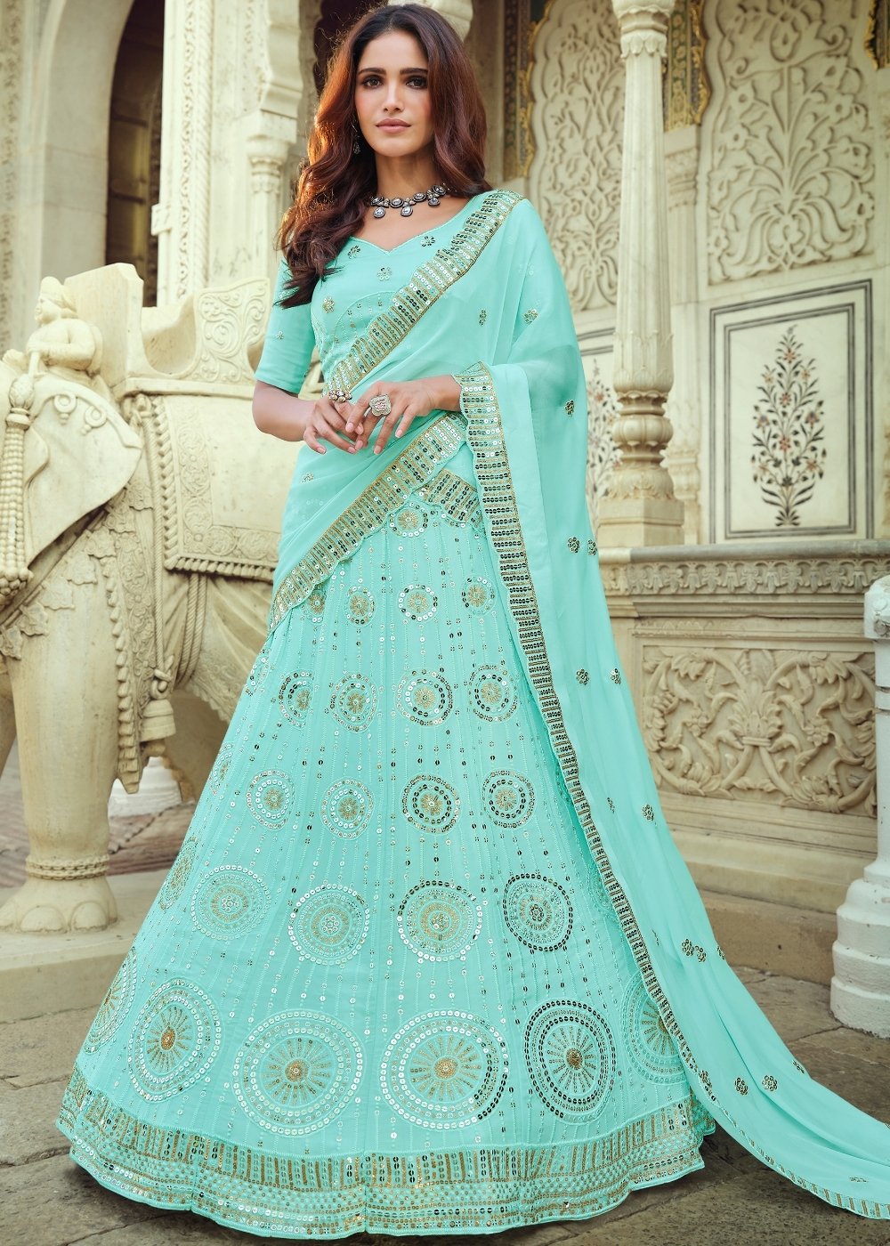 Arctic Blue Georgette Lehenga Choli with Sequins & Thread work | Ready To Wear - qivii
