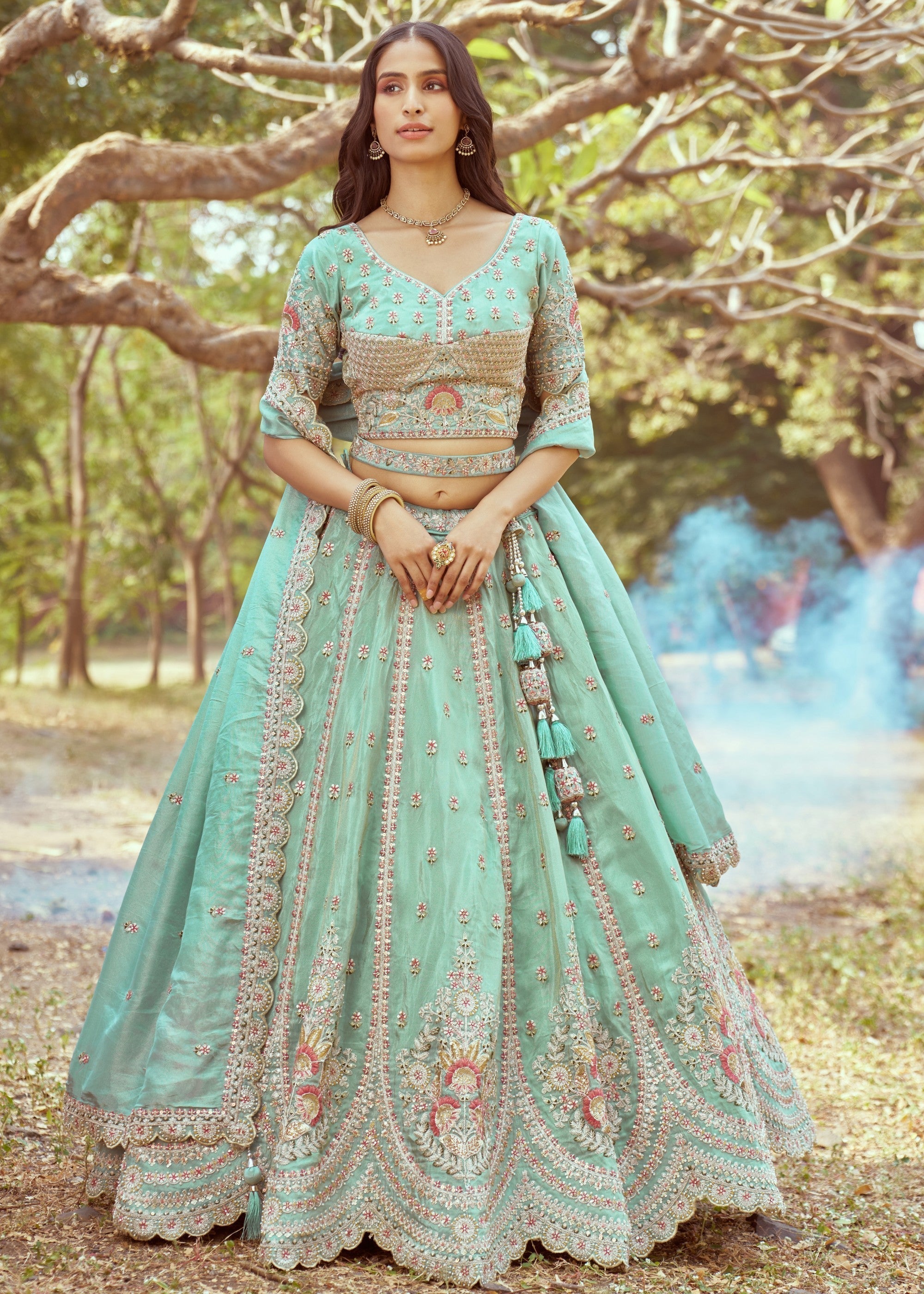 Seagreen Gold crushed Tissue Fabric Moti, Zari work Lehenga | Ready To Wear - qivii