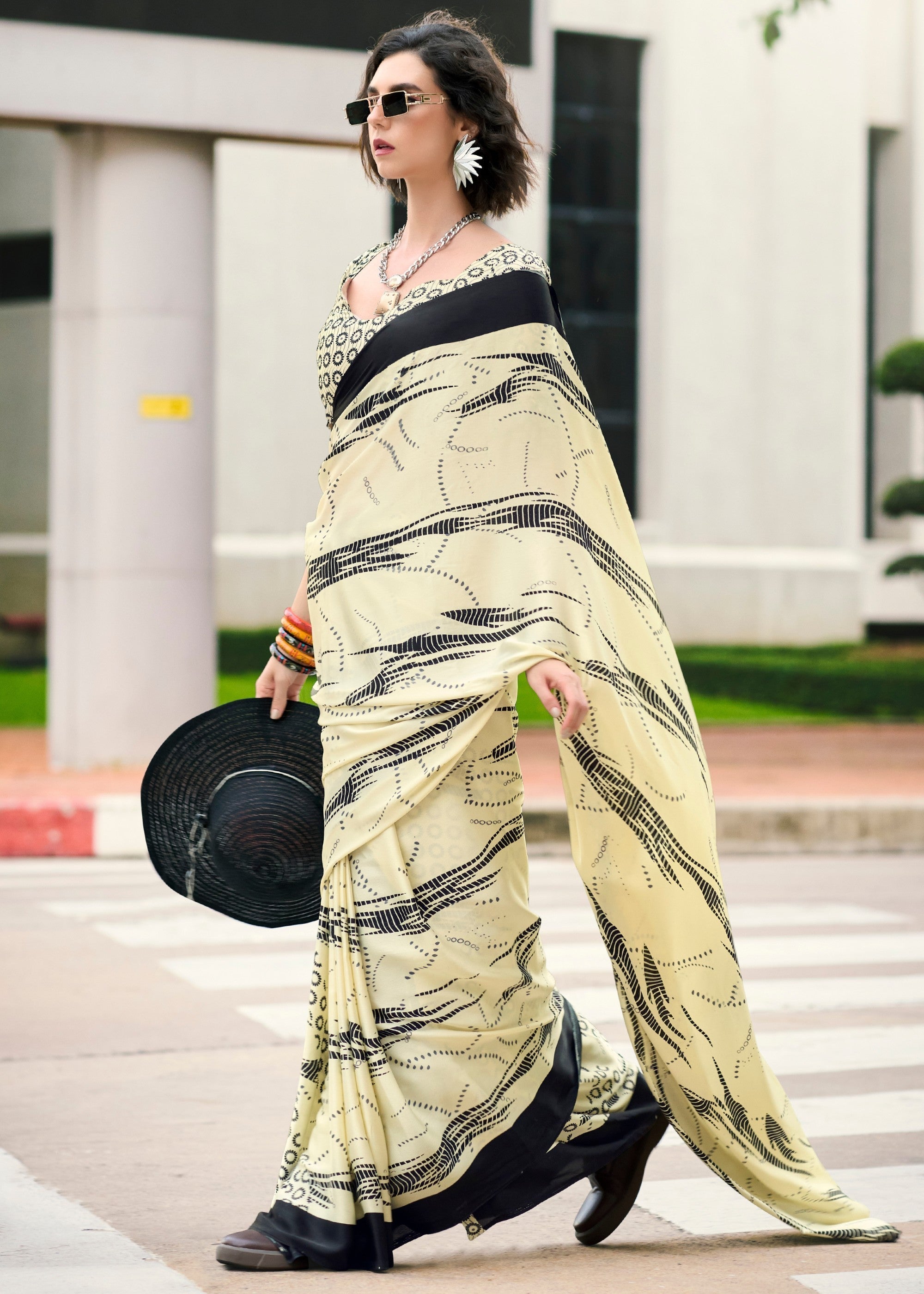 Pale Yellow Printed Satin Silk Saree - qivii