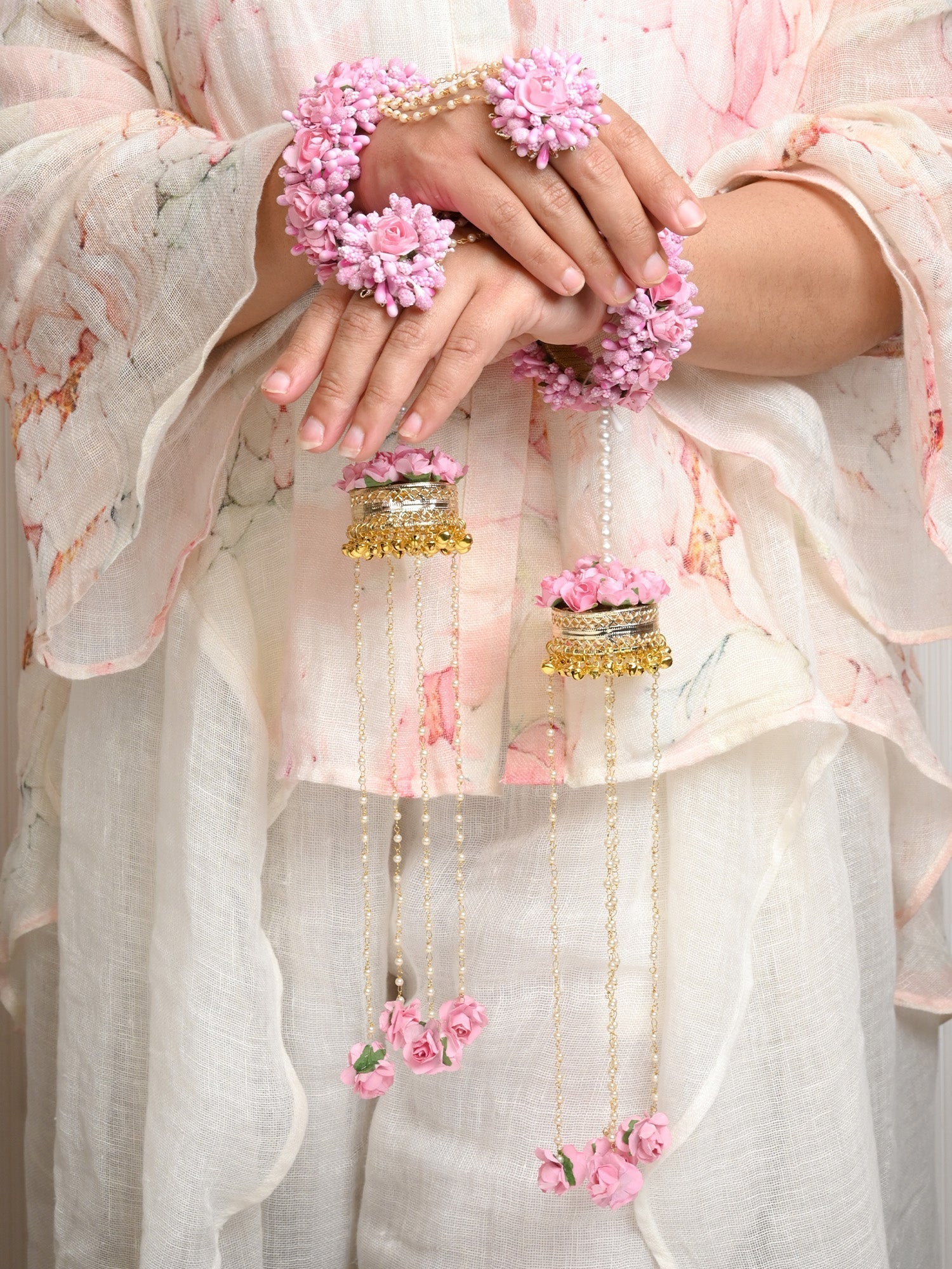 Ruhika Baby Pink Floral With Pearl Hanging Kalire - qivii