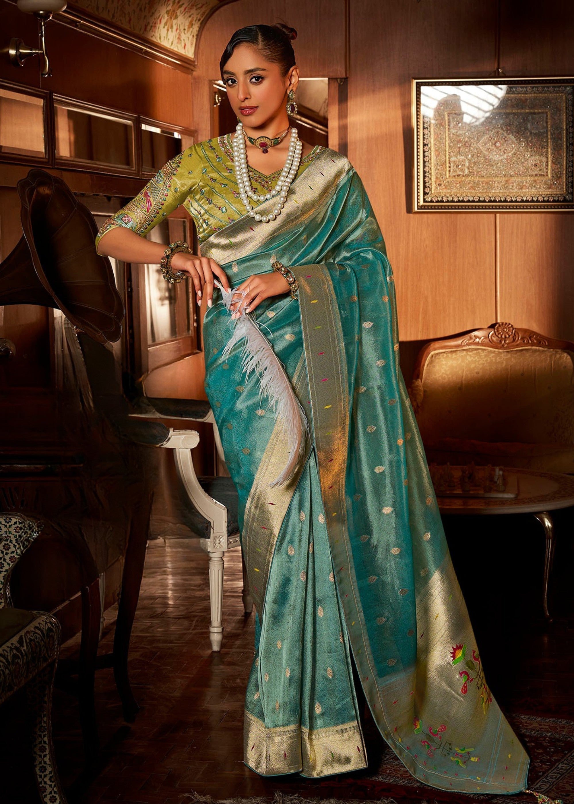 Cerulean Blue Pure Tissue Paithani Silk Saree with Heavy Designer Embroidered Blouse - qivii