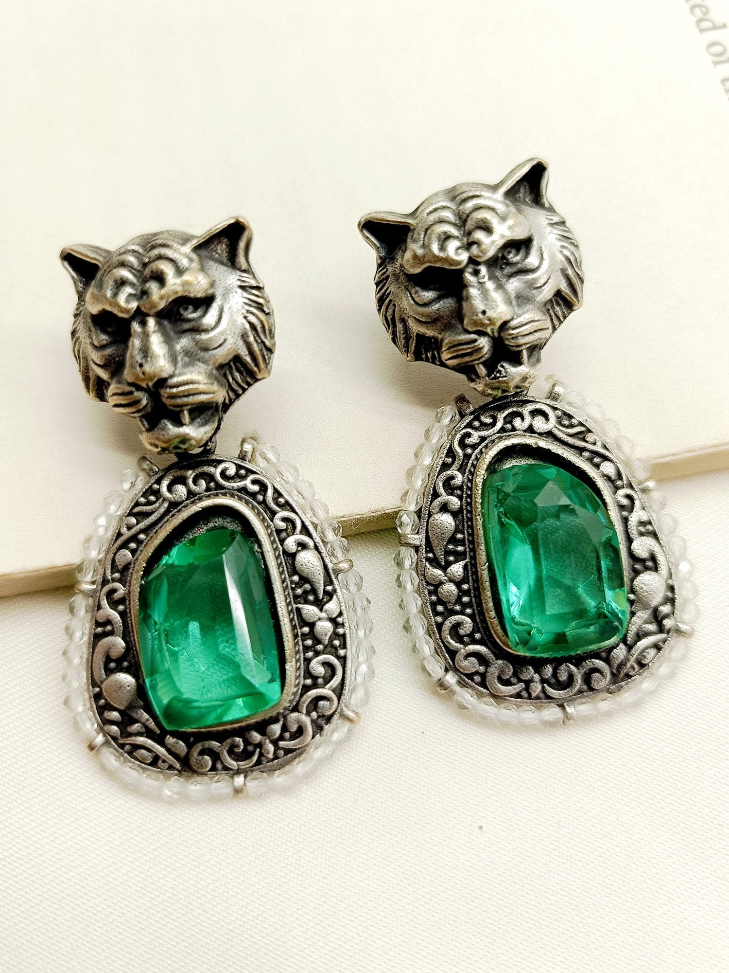 Niharika Green German Silver Oxidized Earrings - qivii