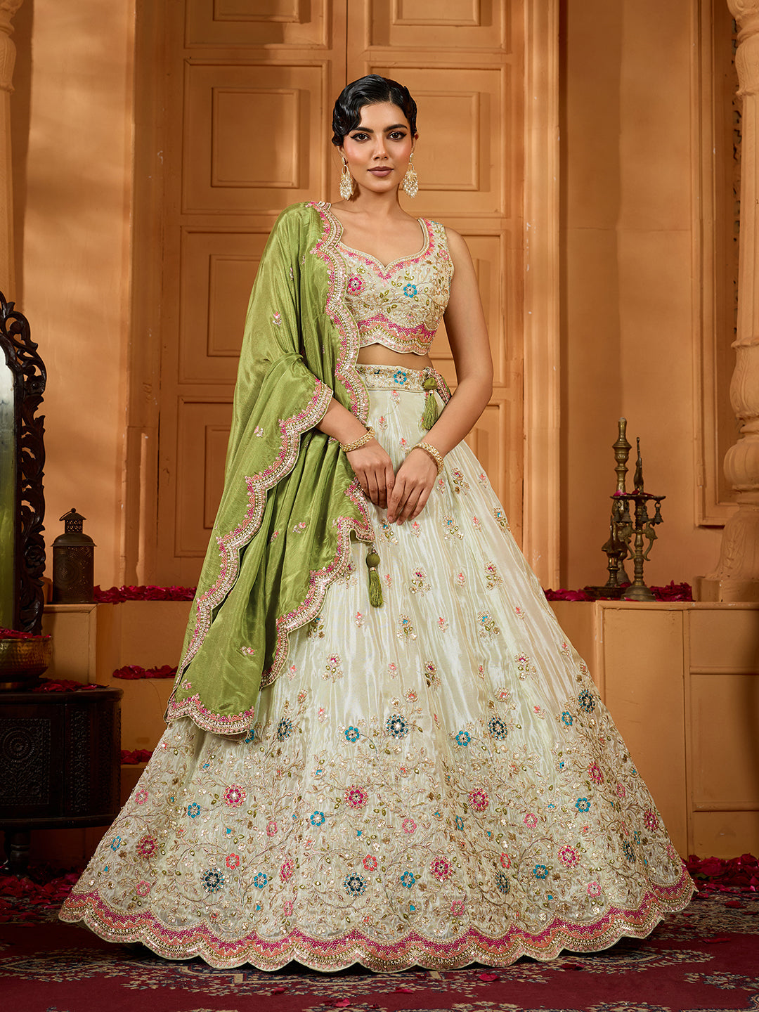 Limegreen- Tissue Fabric Sequins embroidery Semi-Stitched Lehenga & Unstitched Blouse With Dupatta - qivii