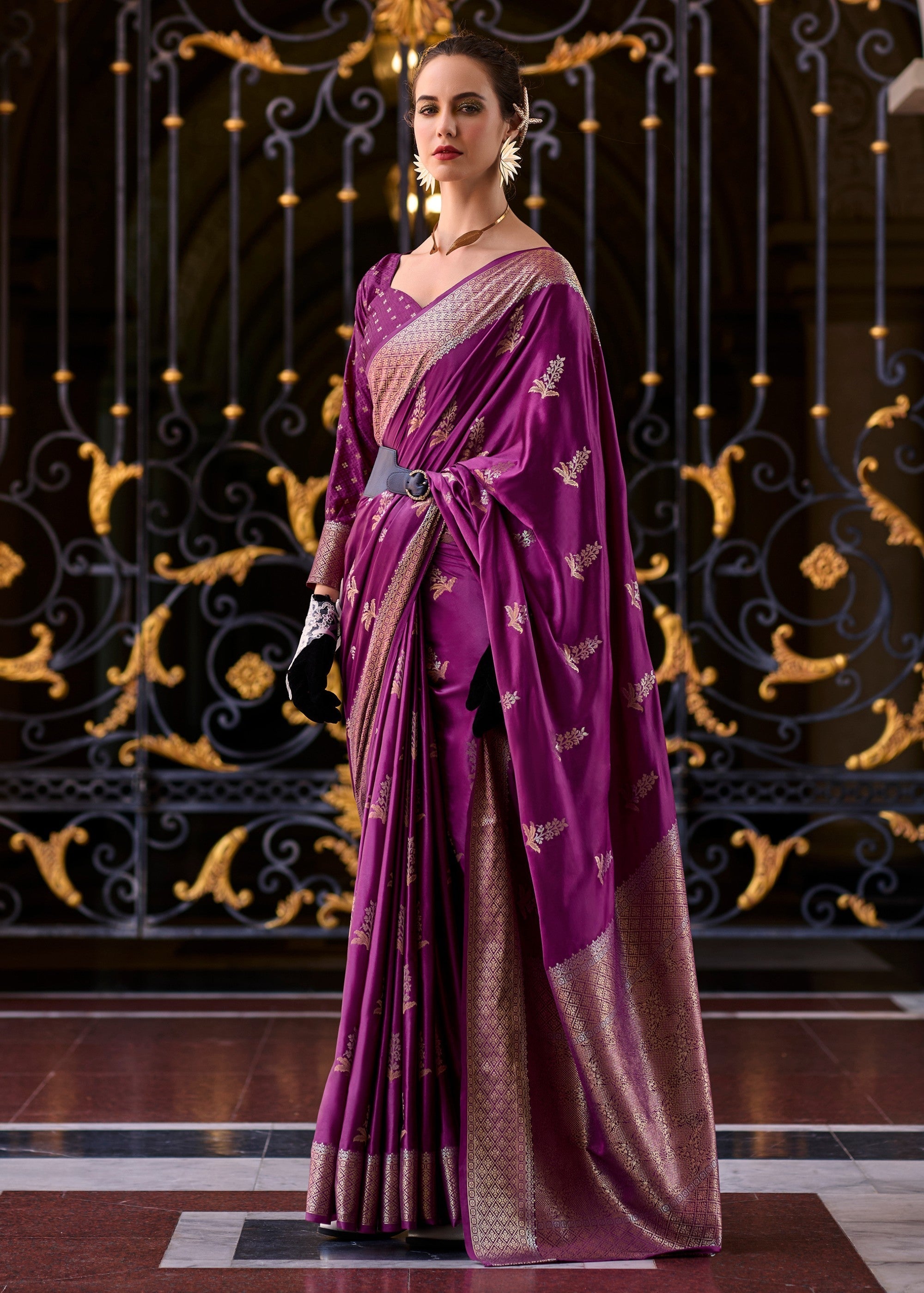 Irish Purple Satin Mungha Silk Saree - qivii