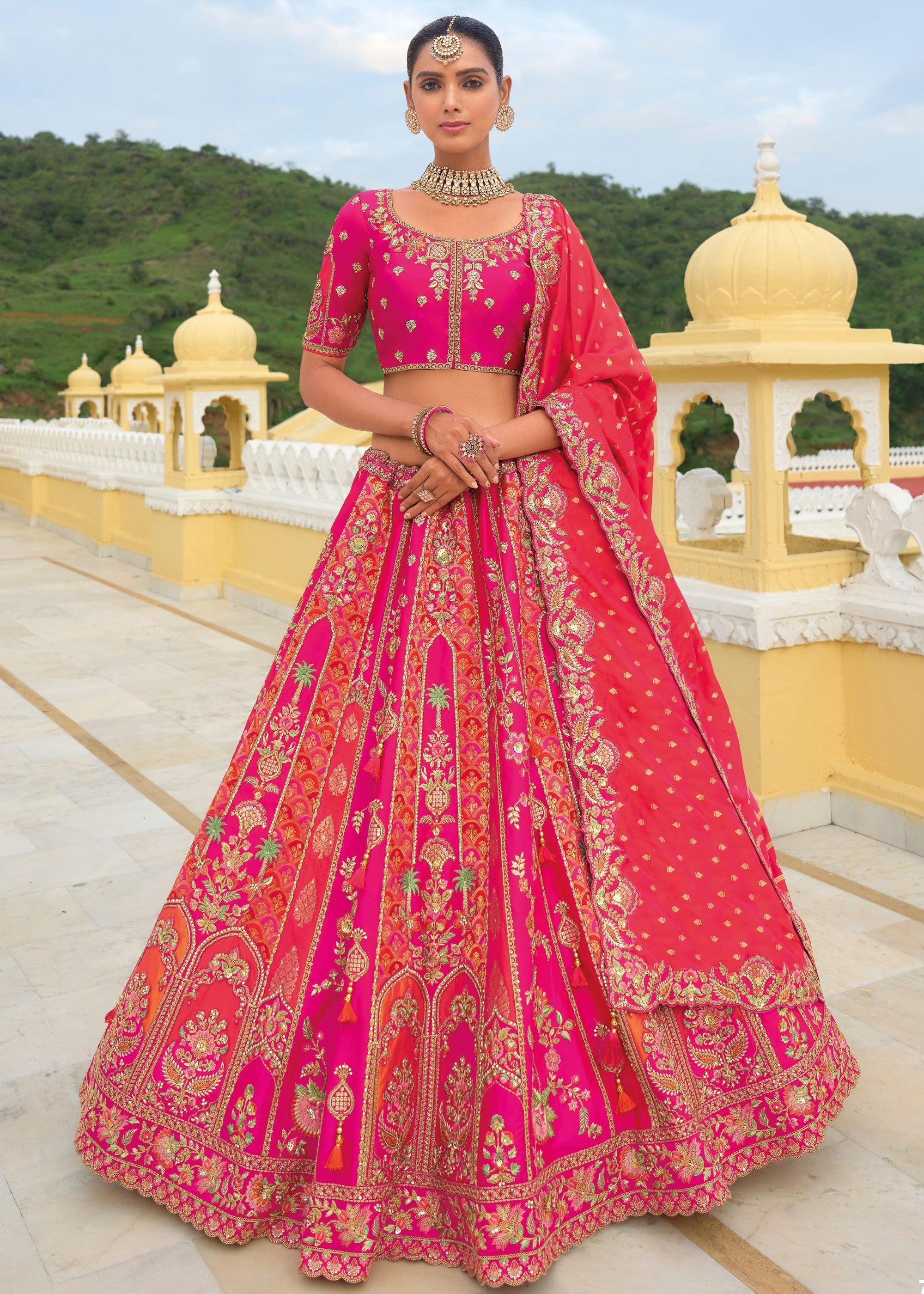 Magenta Pink And Orange Banarasi Silk Lehenga With Heavy Embroidery Work | Ready To Wear - qivii