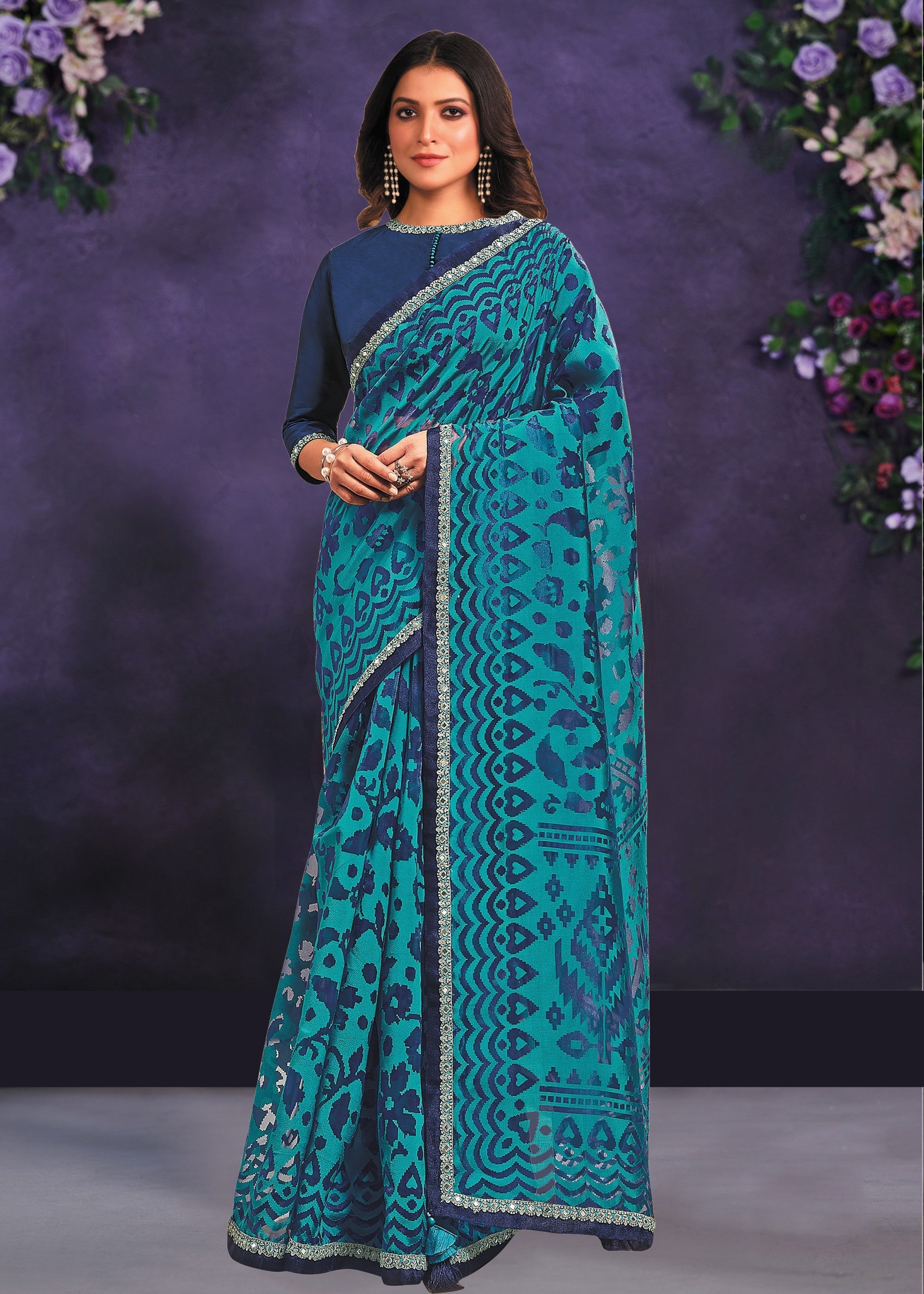 Persian Blue Designer Organza Saree with Cord Embroidered and Mirror Work - qivii