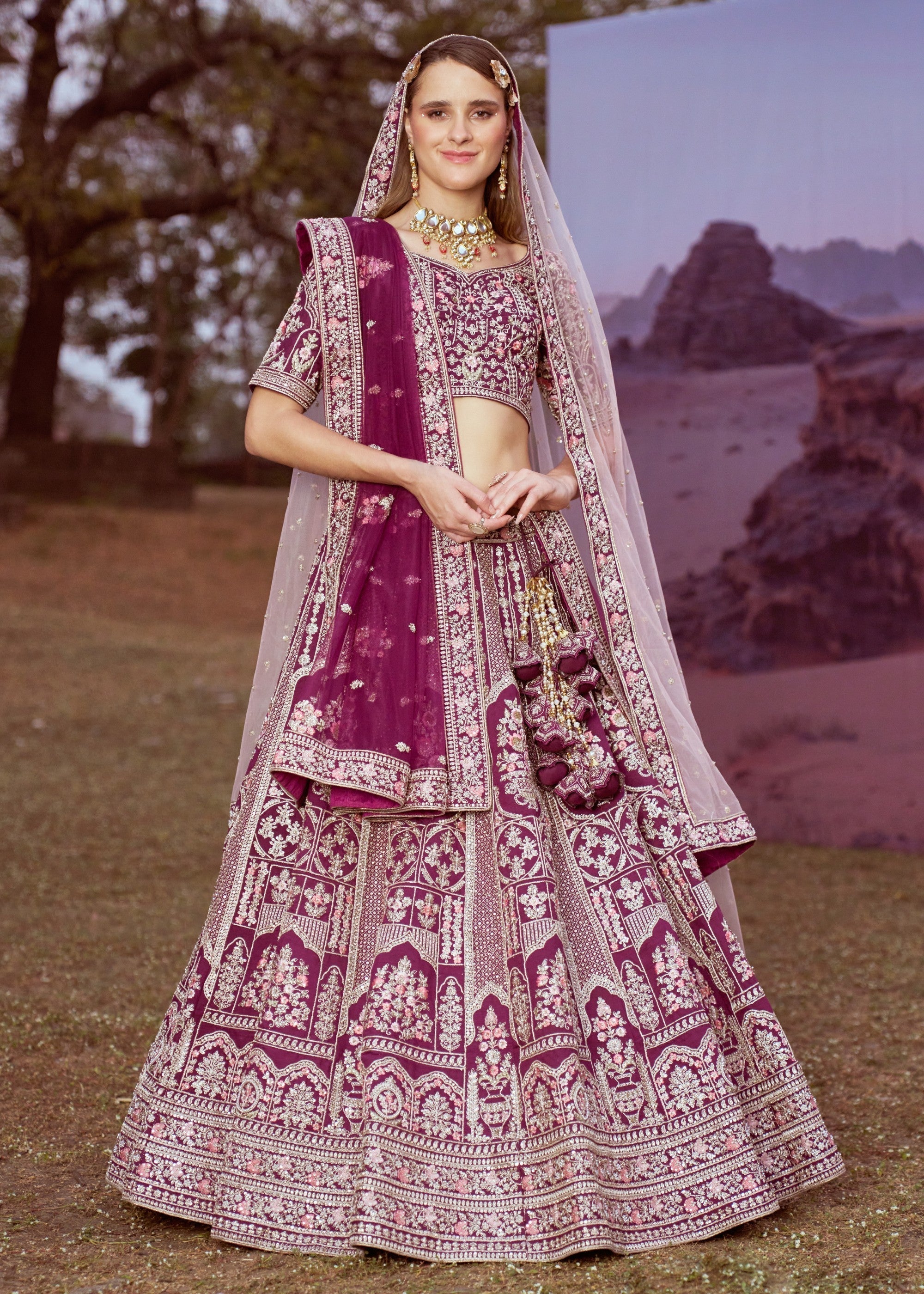 Purple Pure silk Moti, Sequins embroidery Bridal Lehenga | Ready To Wear - qivii