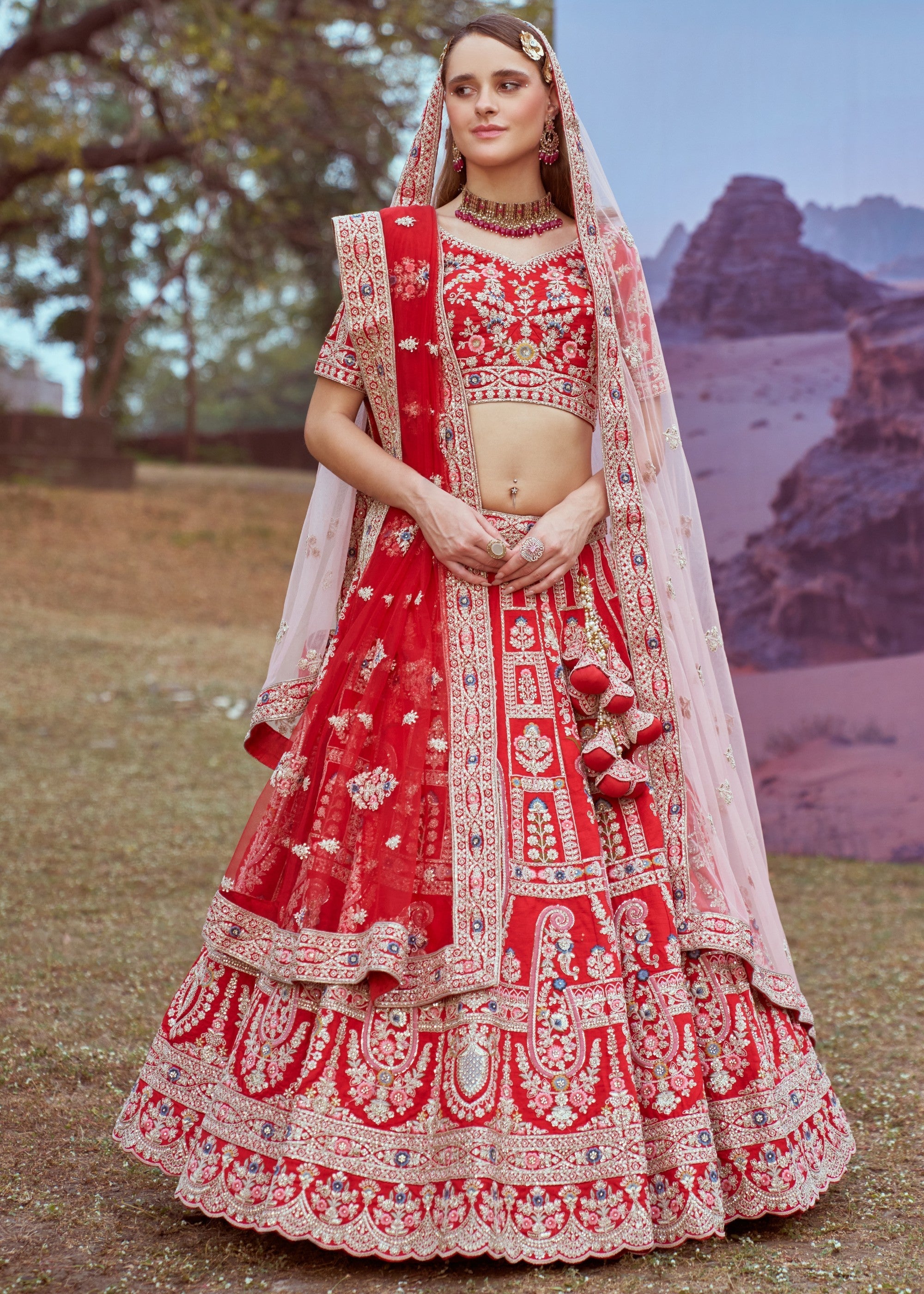 Red Pure silk Moti, Sequins embroidery Bridal Lehenga | Ready To Wear - qivii