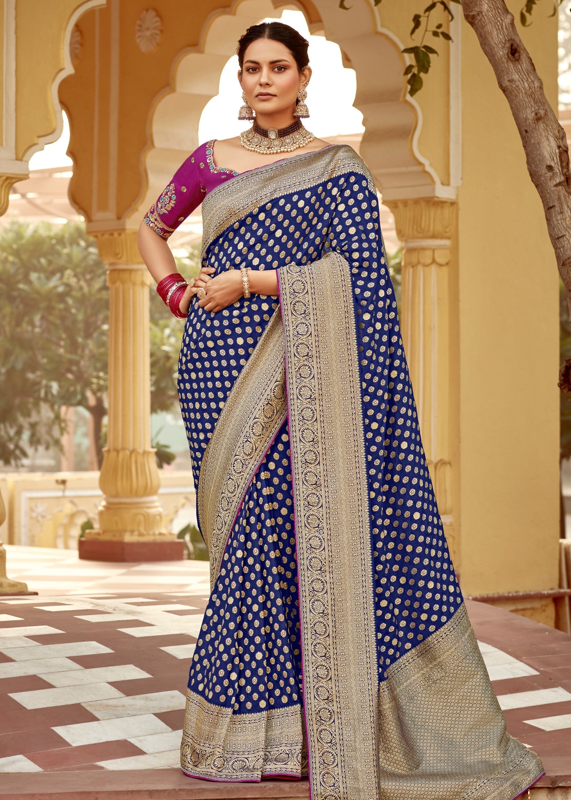 Navy Blue Dola Silk Saree Embellished With Weaving Work And Heavy Embroidered Blouse - qivii