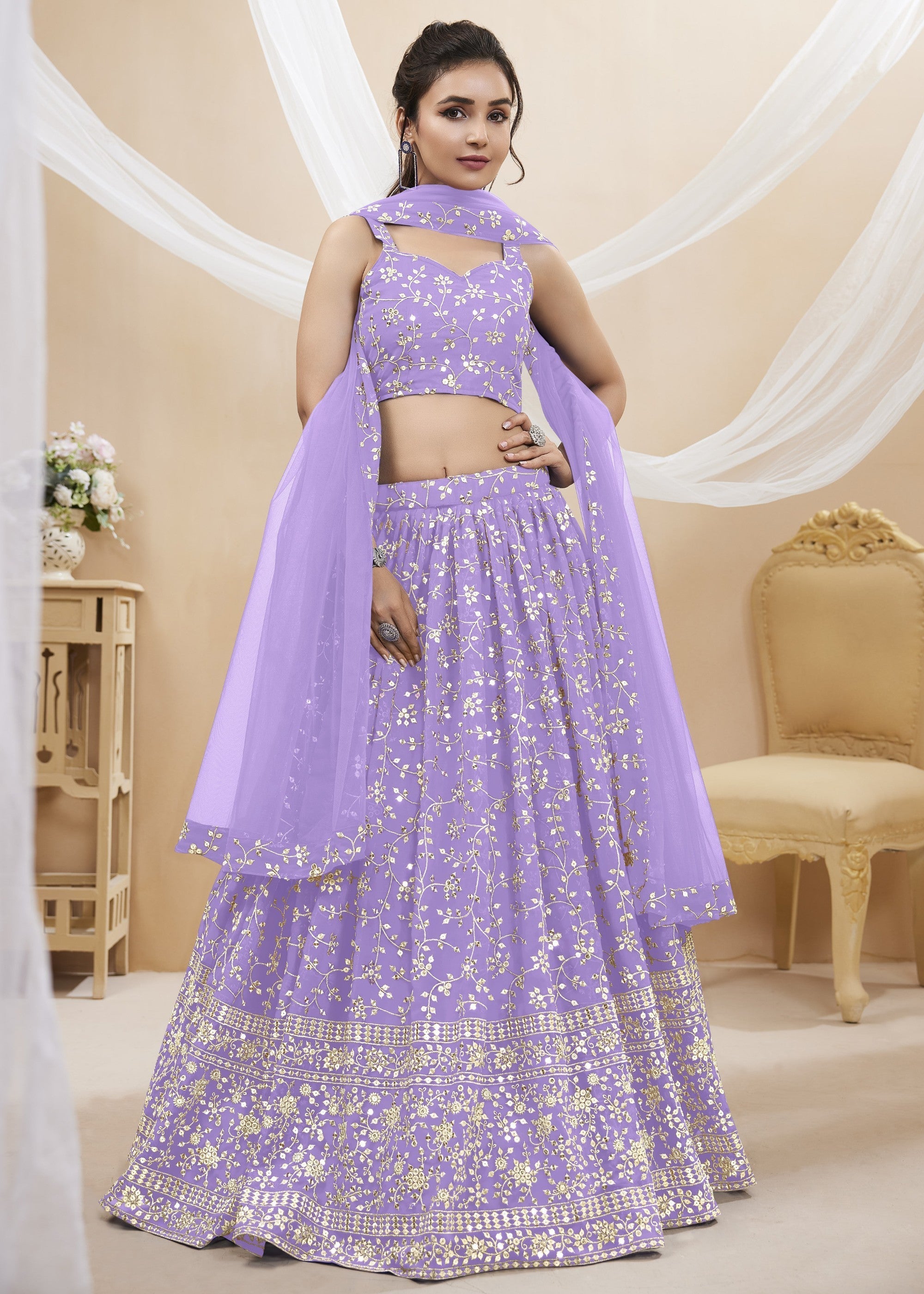 Lavender Purple Georgette Lehenga Choli With Sequins Zari Embroidered Work | Ready To Wear - qivii