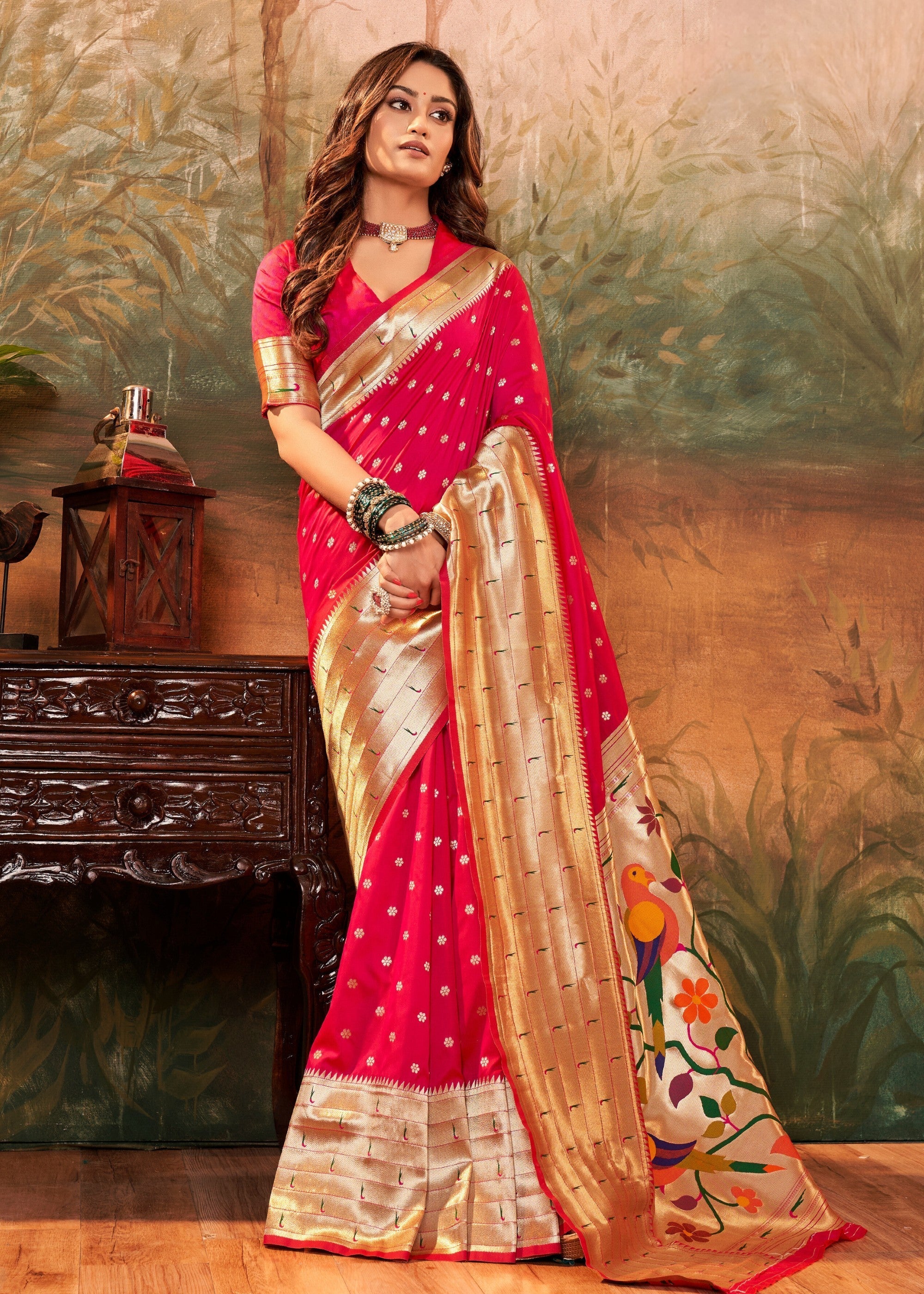 Strawberry Pink Paithani Silk Saree With Zari Weaving - qivii