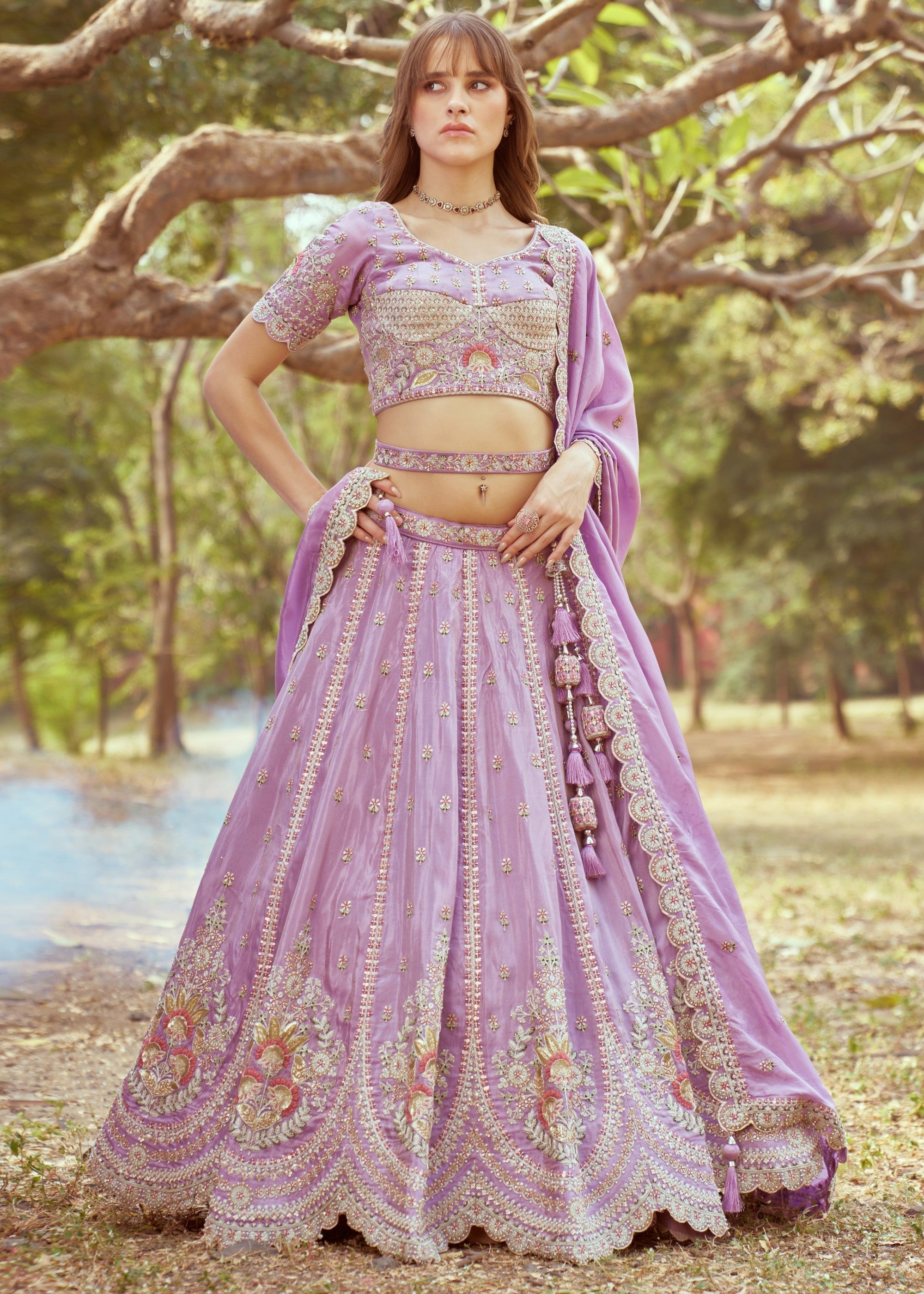 Lavender Gold crushed Tissue Fabric Moti, Zari work Lehenga | Ready To Wear - qivii
