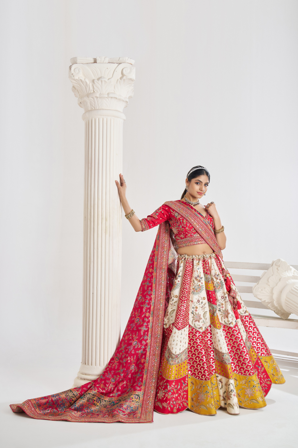 Multicolor Banarsi Mosaic Bridal Lehenga with Scalloped Design - qivii
