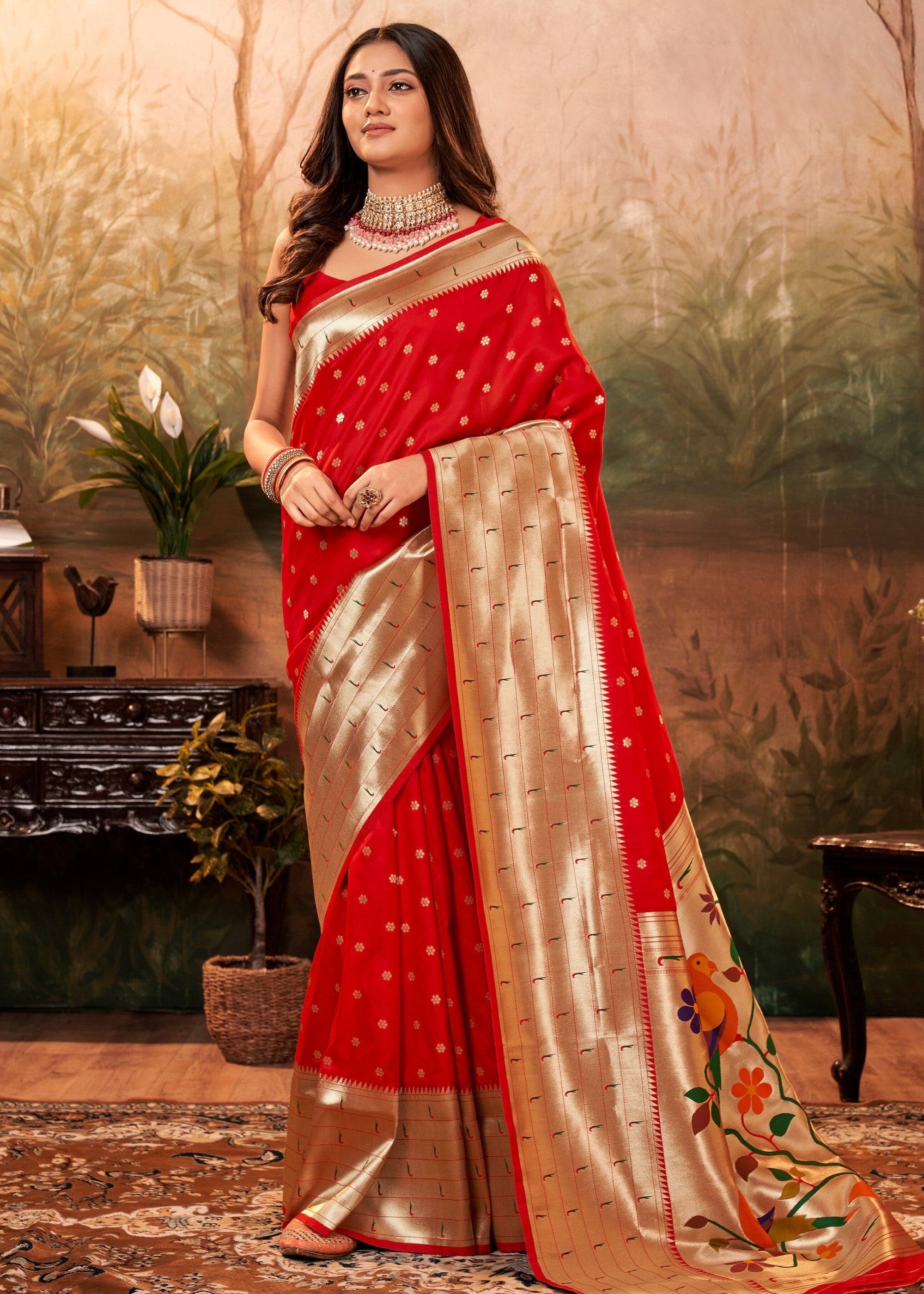 Cherry Red Paithani Silk Saree With Zari Weaving - qivii