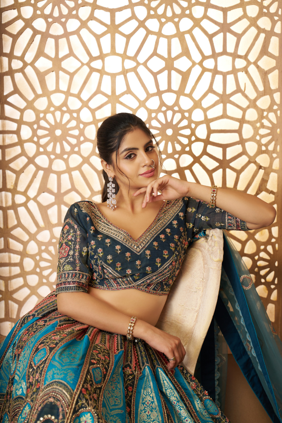 Blue Aari Embroidered Banarasi Lehenga for Brides - qivii