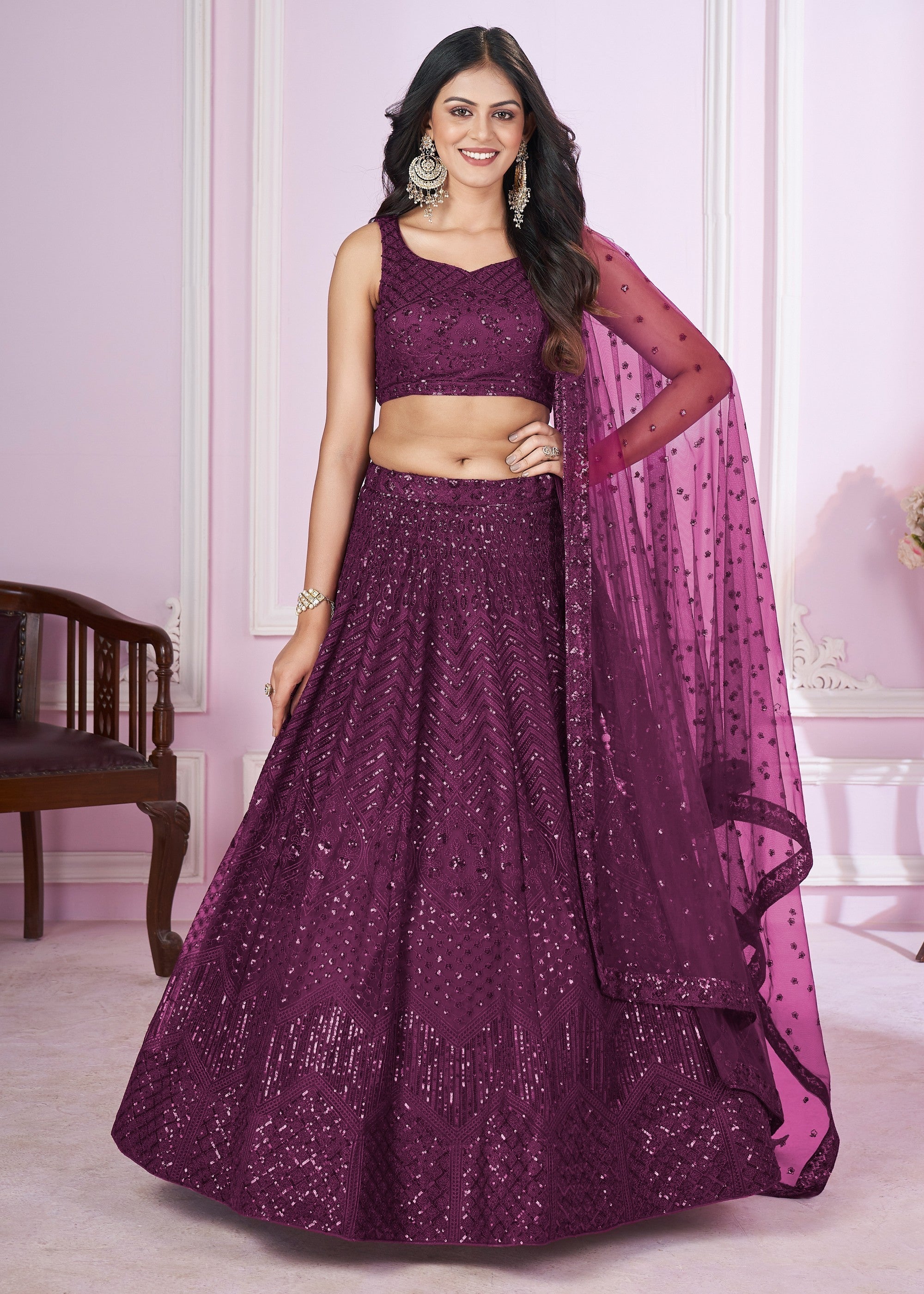 Jam Purple Net Lehenga Choli With Sequins And Thread Embroidery Work | Ready To Wear - qivii