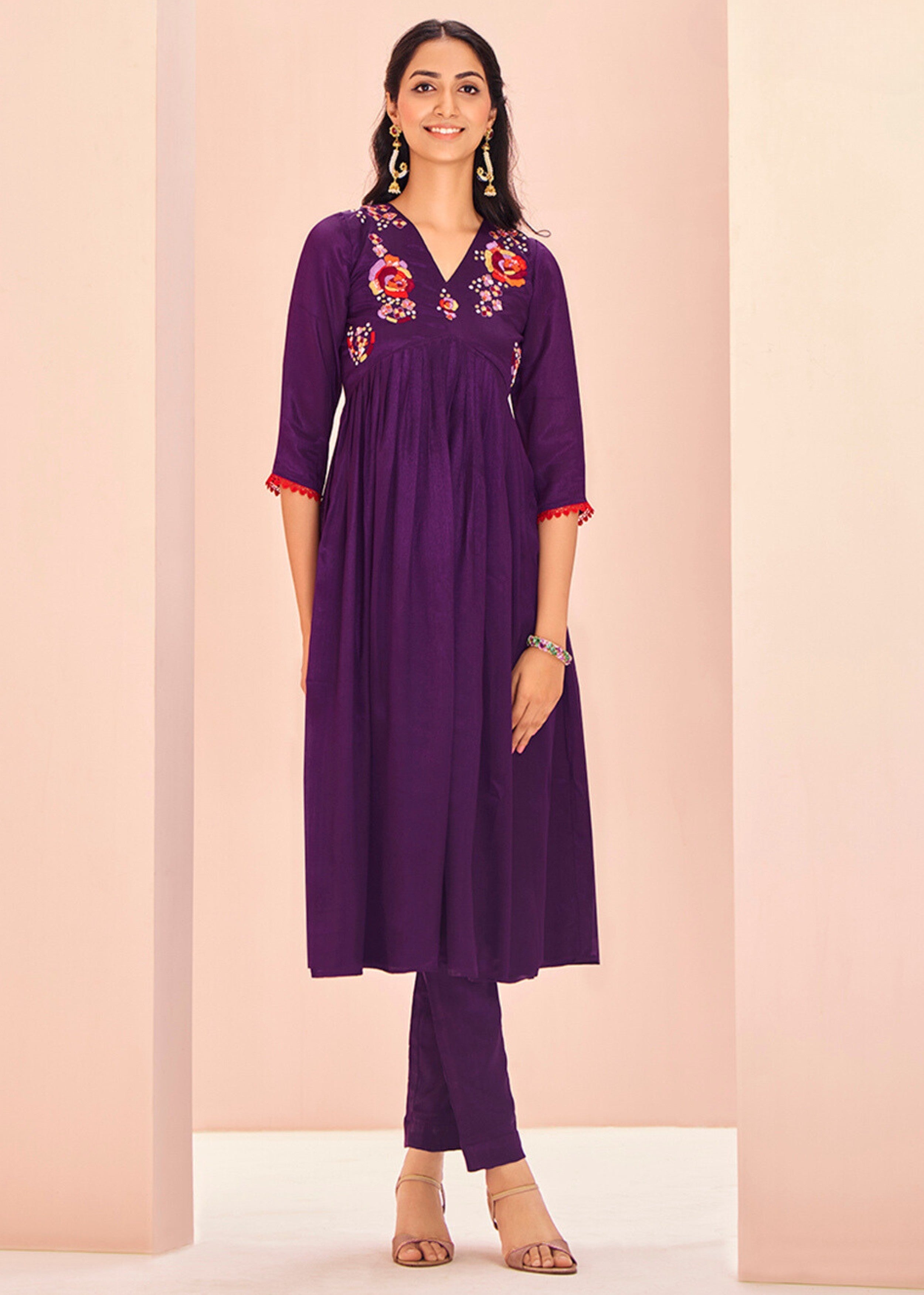 Chinon Wine Handwork Kurta with Pant - qivii