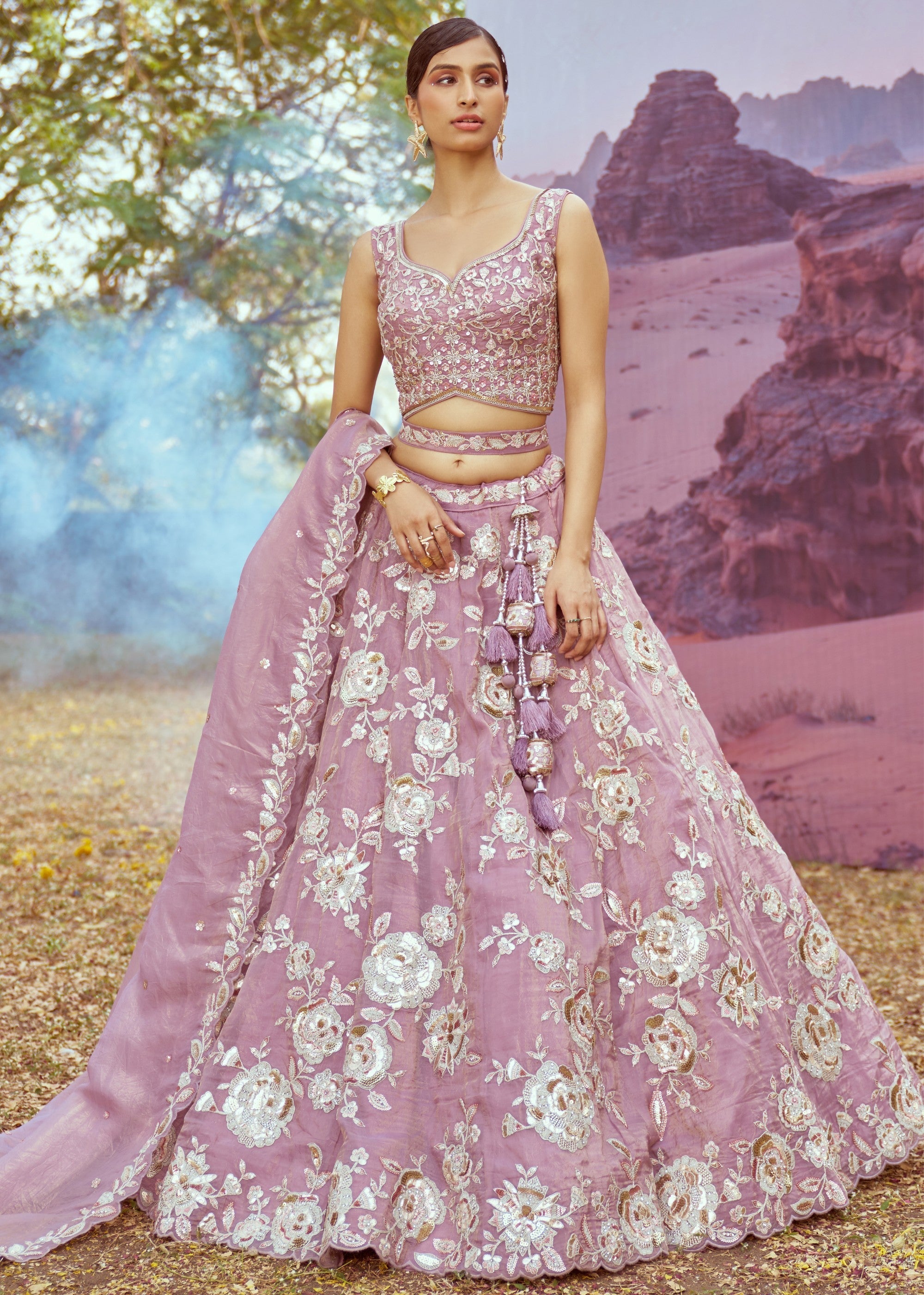Lavender Organza Sequins embroidery Lehenga | Ready To Wear - qivii
