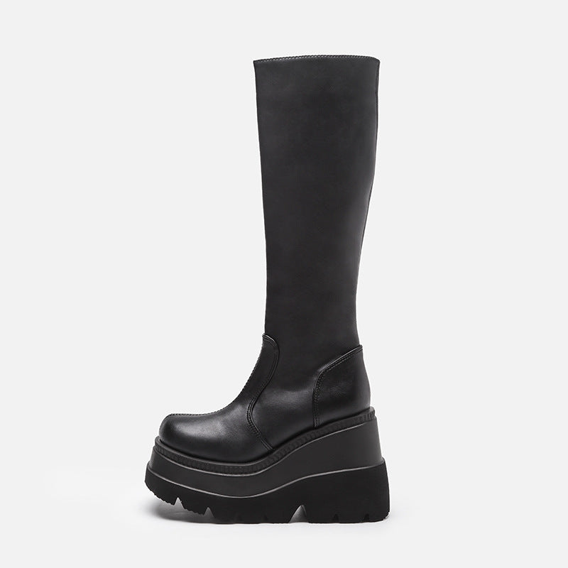 Women's GothRider Platform Mid-Calf Boots – Chunky Wedge Biker Boots (US 4–10.5)