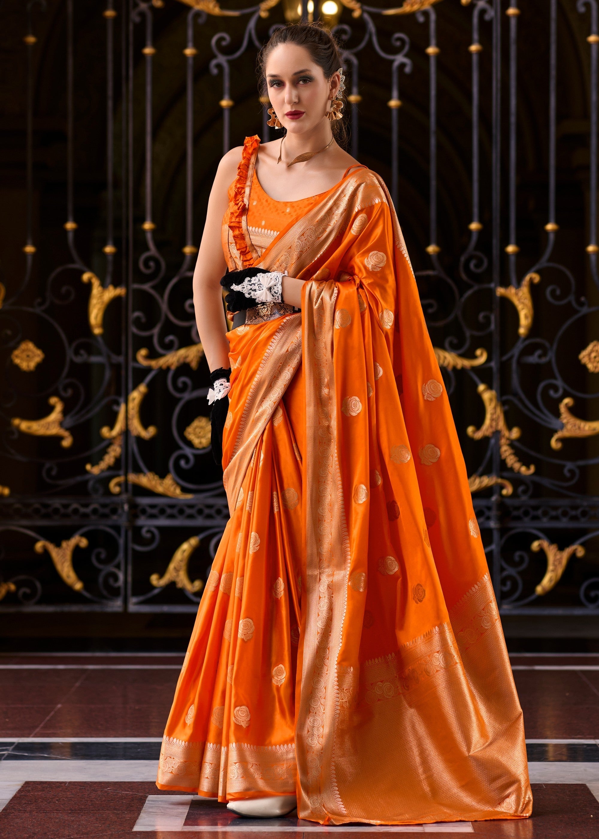 Neon Orange Satin Mungha Silk Saree - qivii