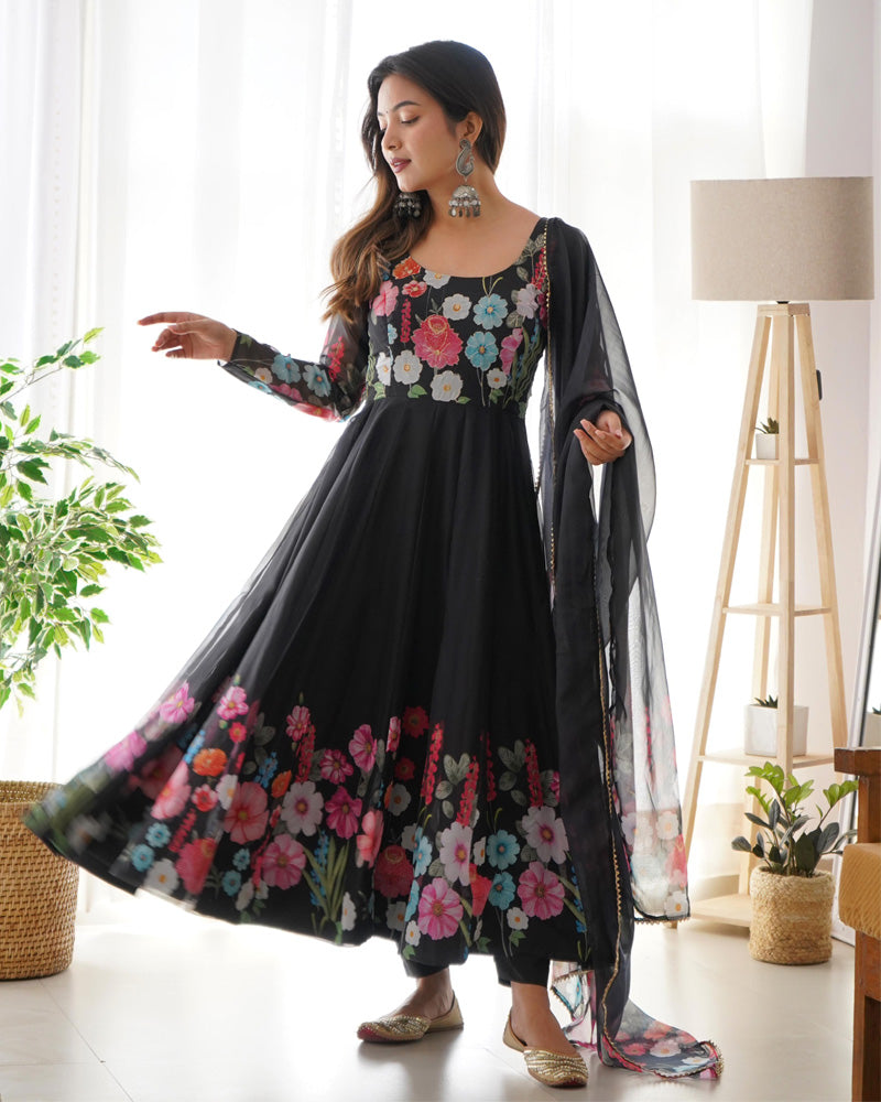 Beautiful two peice anarkali suit set, Black designer handcrafted embroidered for parties and events hotsell handmade customised semi stitched.