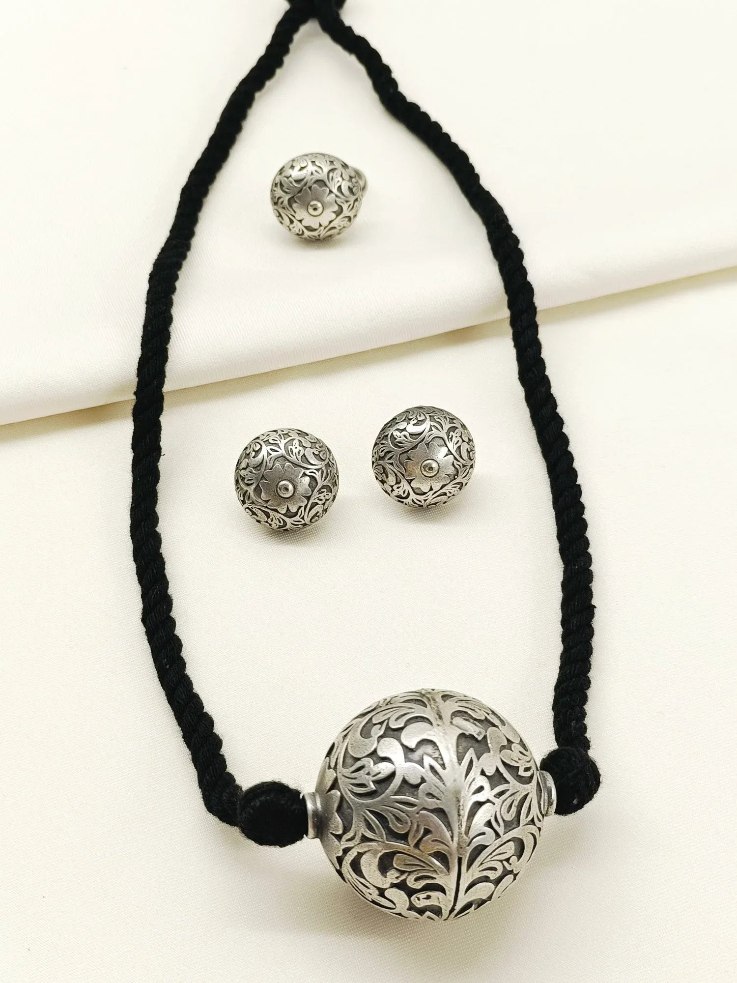 Xavilra Black Oxidized Pendant Set With Ring