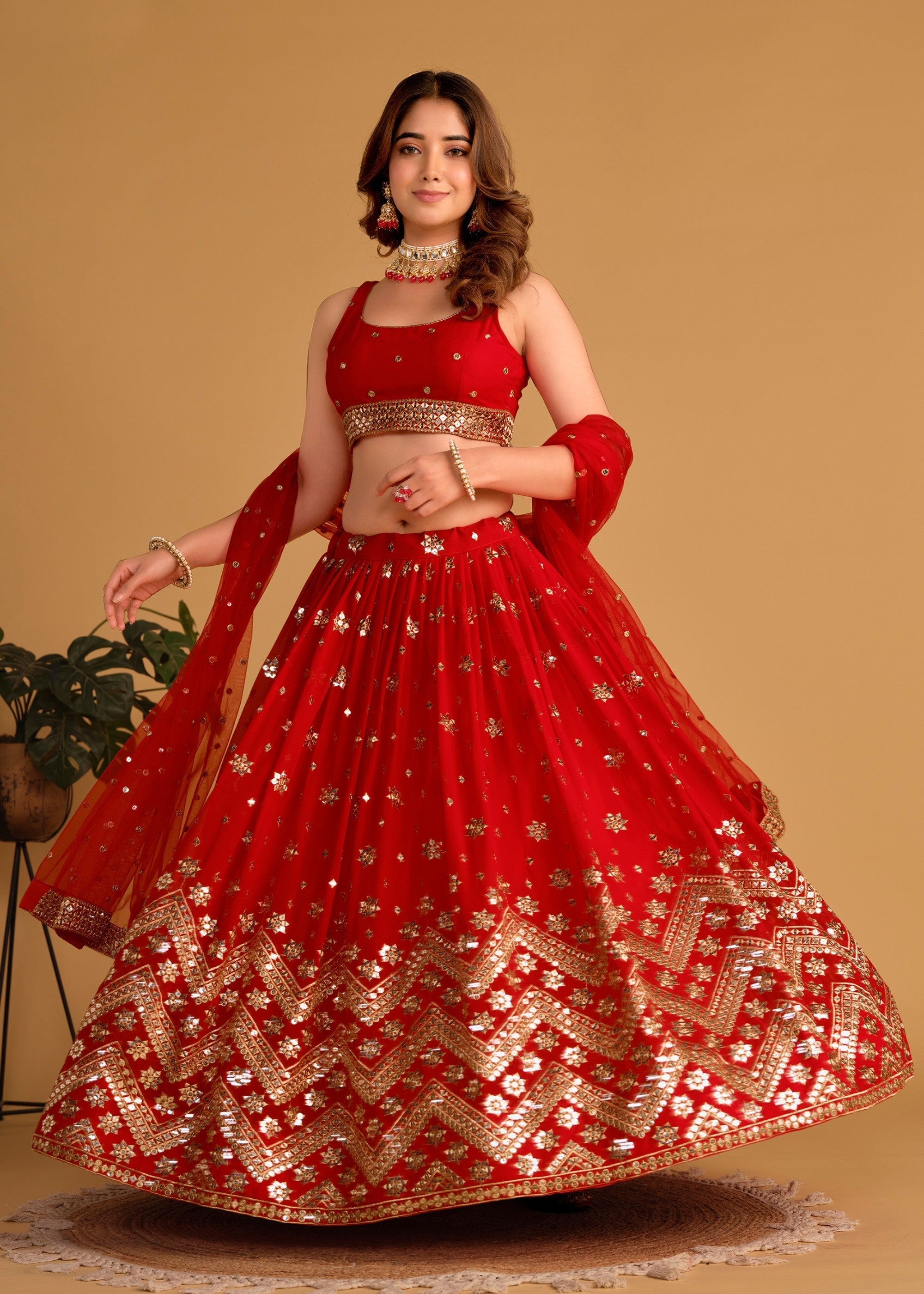 Scarlet Red Georgette Lehenga Choli With Sequins Zari Embroidered Work | Ready To Wear - qivii