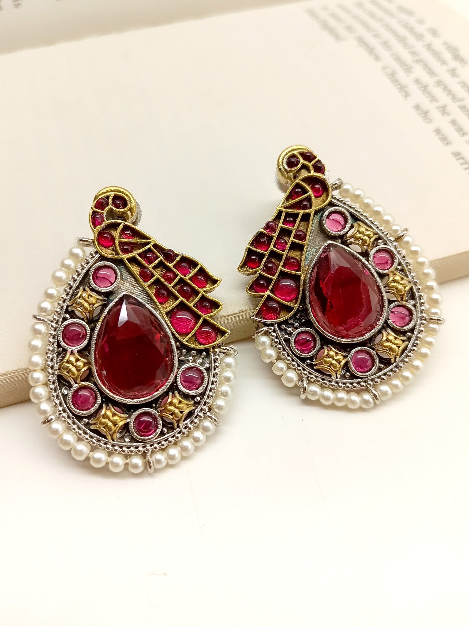 Konkana Maroon Peacock Oxidized Earrings - qivii