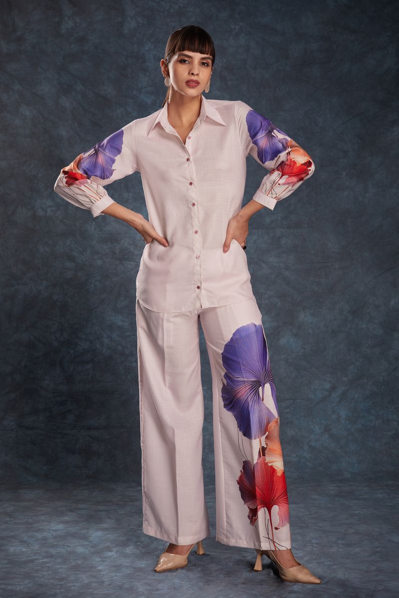 LIGHT PINK LINEN PRINTED TOP,PANT CO-ORD SET - qivii