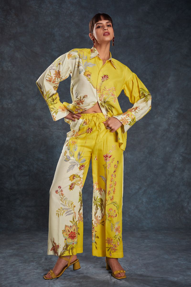 YELLOW LINEN PRINTED TOP,PANT CO-ORD SET - qivii