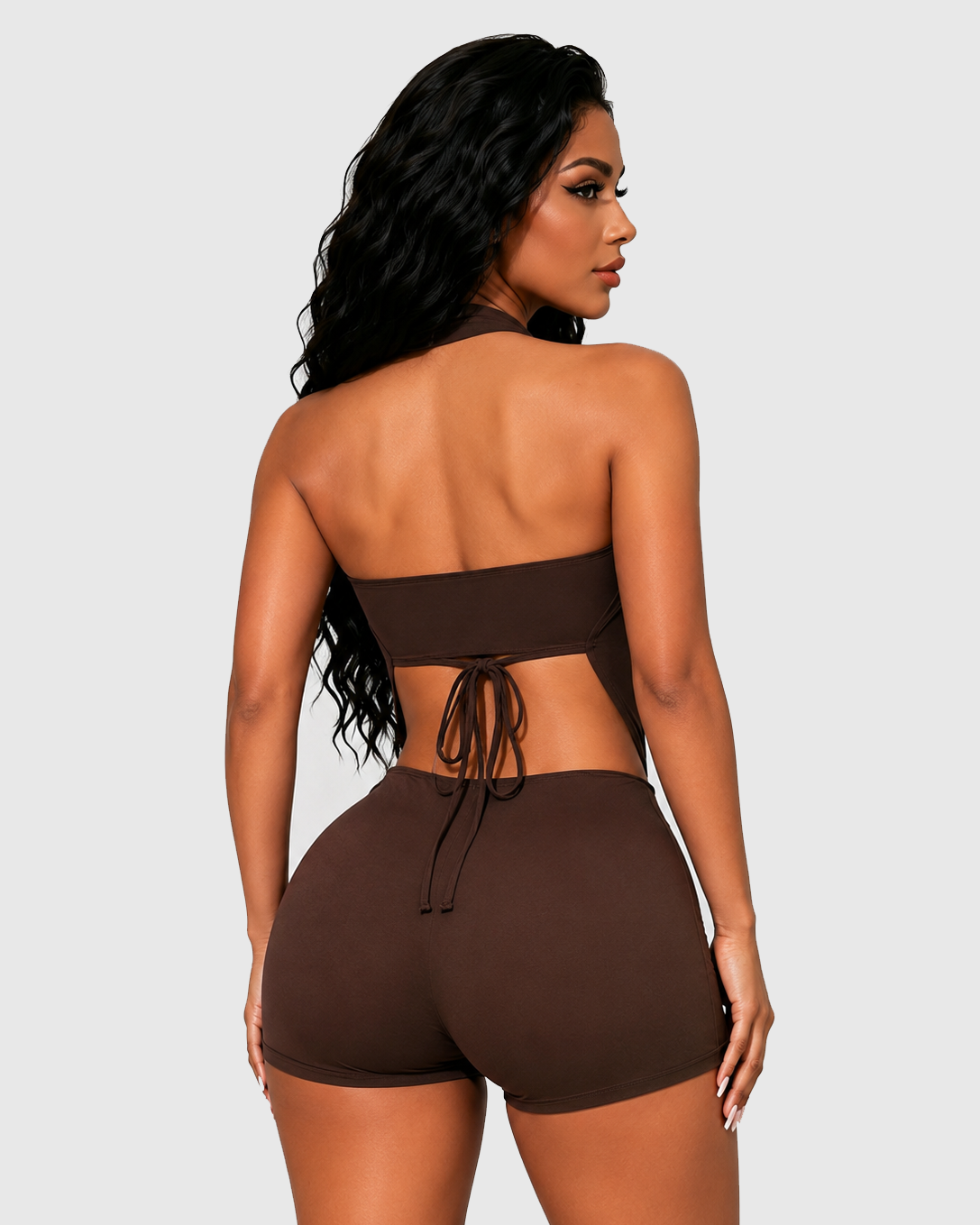 Solid Color Sexy Halter Cutout Back Short Bodycon Romper - By Qivii
