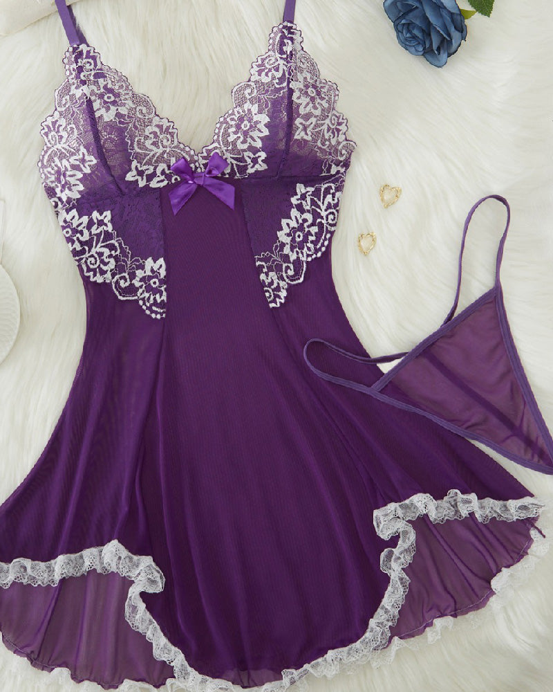Lace Bowknot Sleeping Dress Thong Set Spaghetti Strap V Neck Lingerie - By Qivii