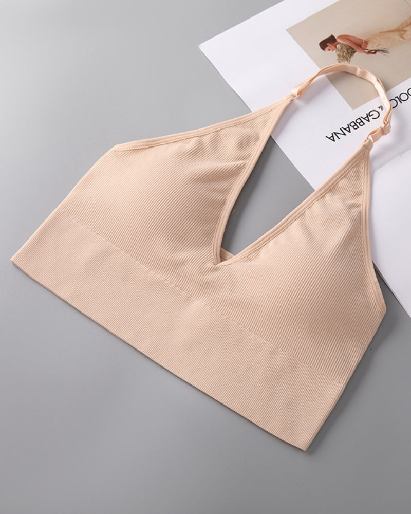 Deep V Sexy Halter Neck Backless Triangle Cup Wireless Bra