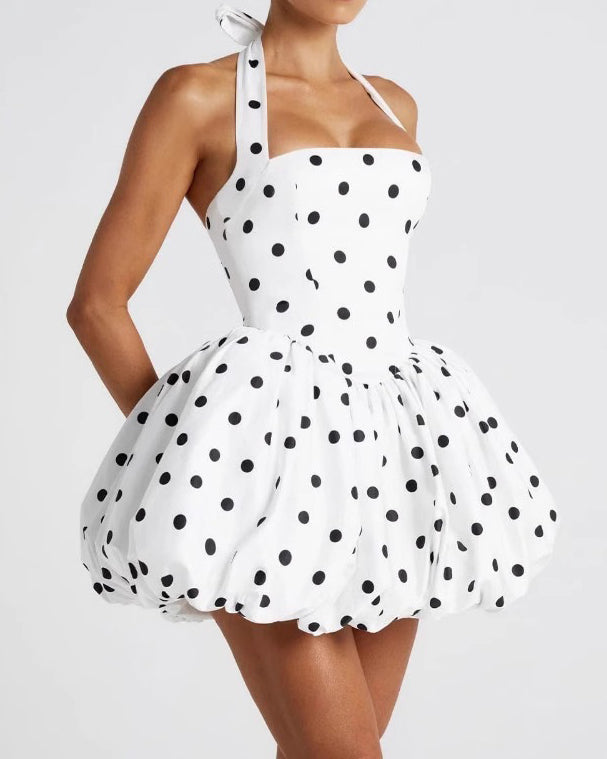 Halter Polka Dot Bubble Mini Dress - By Qivii
