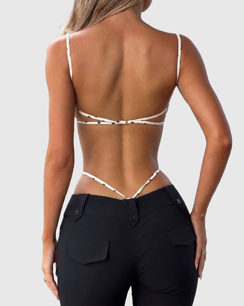 Polka Dot Square Neck Thin Strap Cross Back High Cut Bodysuit - By Qivii