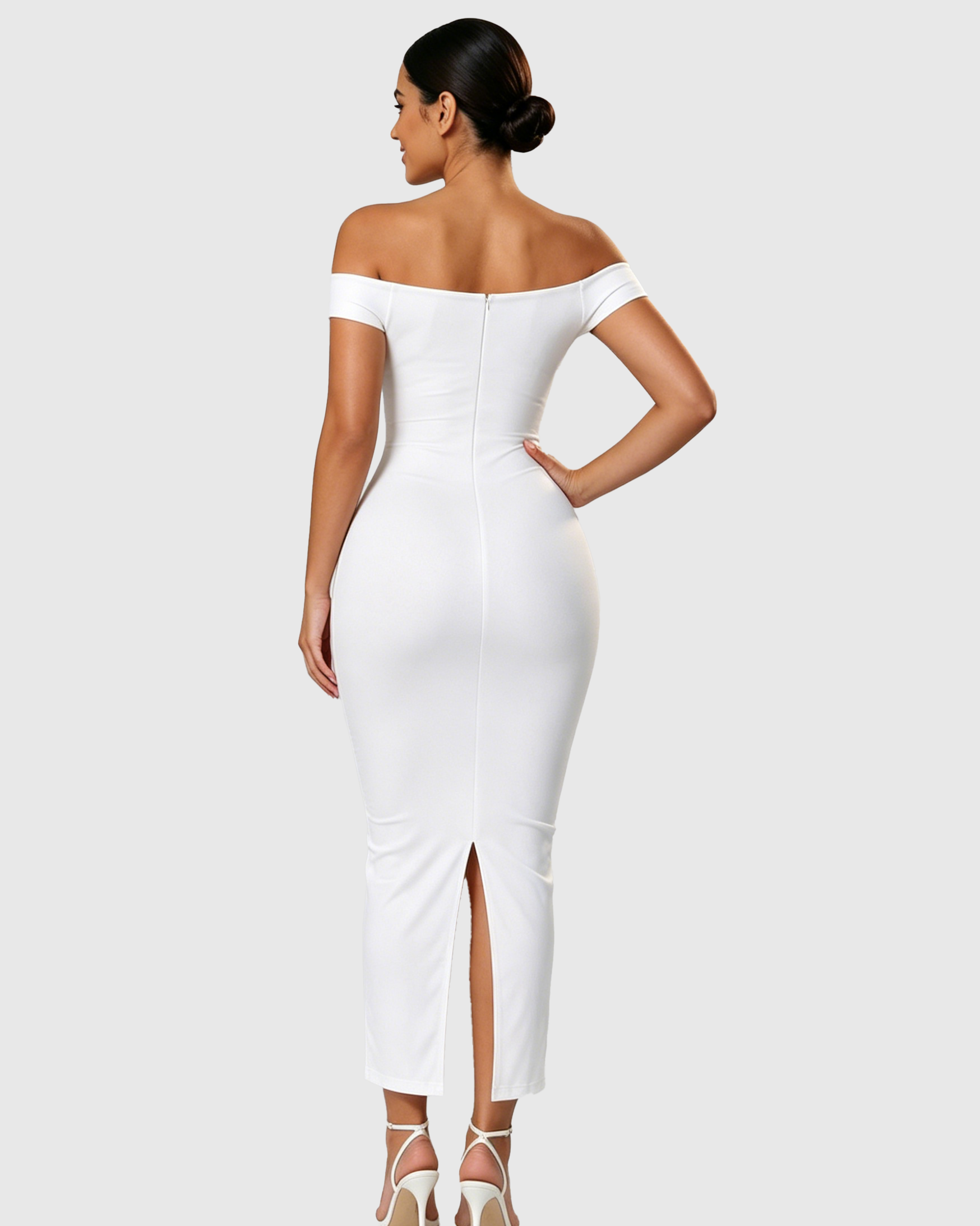 Off Shoulder Ruched Bust Bodycon Maxi Dress with Back Slit - By Qivii