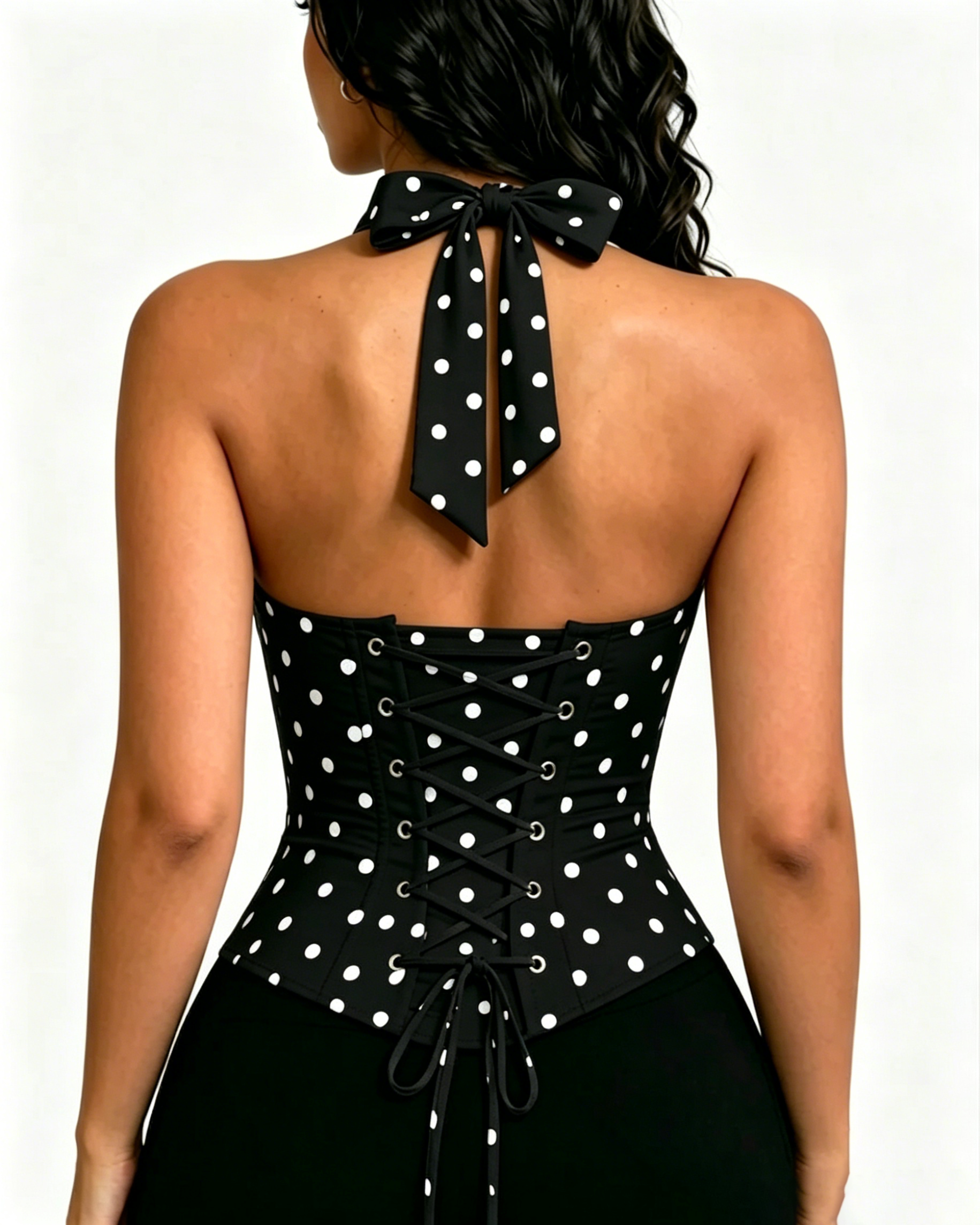 Polka Dot Lace Trim Halter Corset Top with Lace Up Back - By Qivii