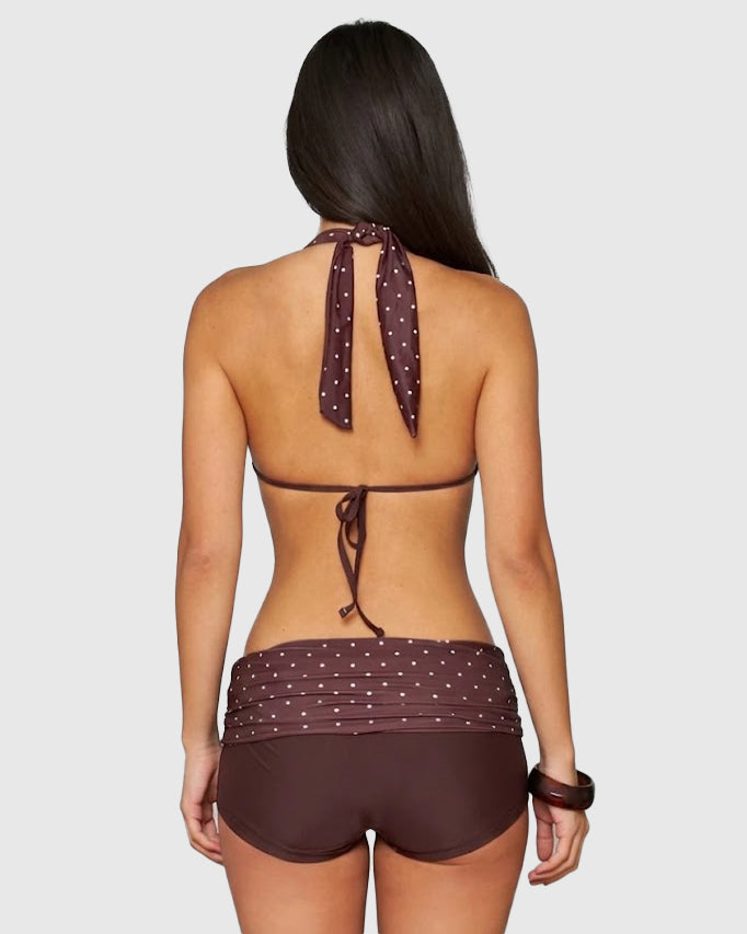 Polka Dot Halter Ring Bikini with Ruched Swim Shorts Set - By Qivii
