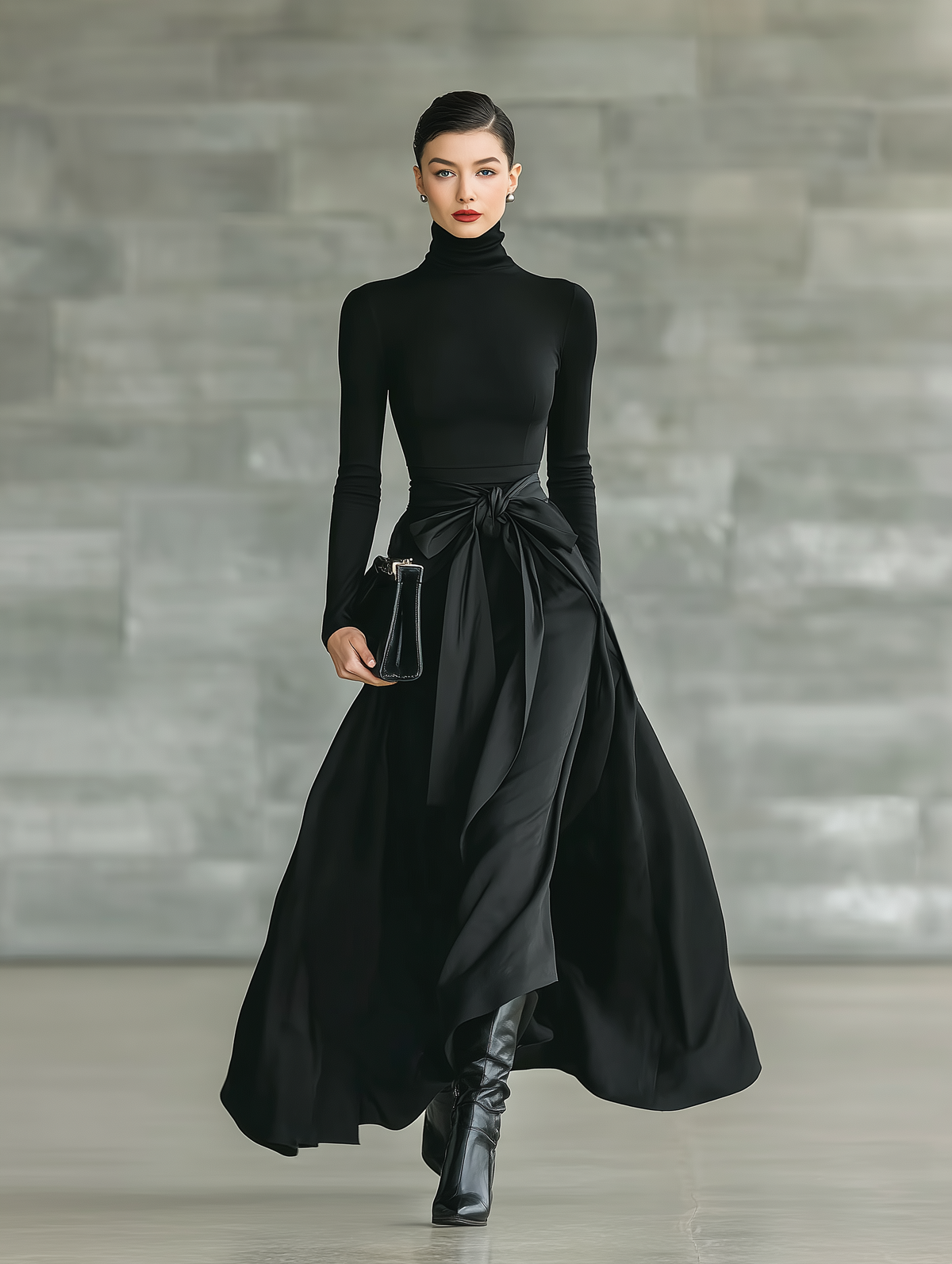 Women's Black High-Neck High-Stretch Knitted And Satin Flared Maxi Dress MDA2851J4T