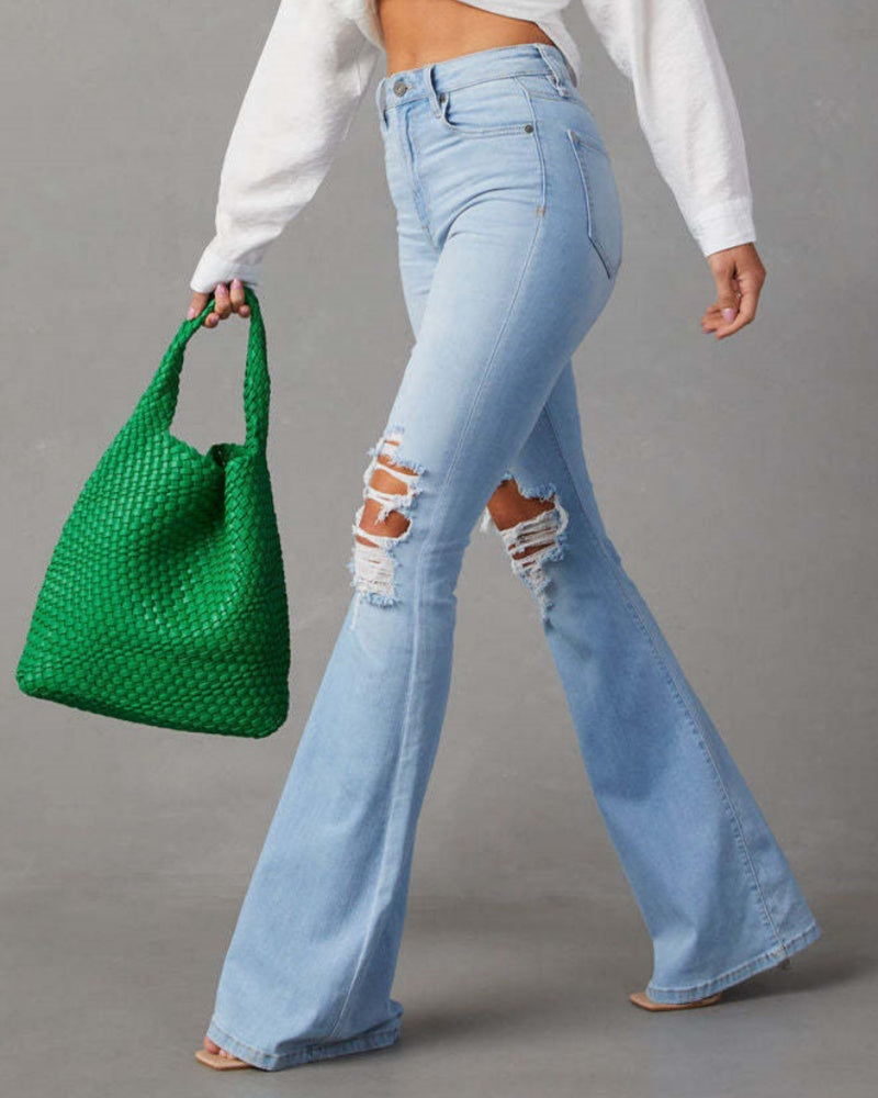High Waist Ripped Jeans Women Street Style Flared Pants - By Qivii